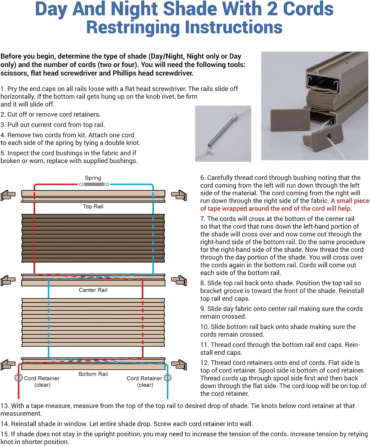 RecPro RV Pleated Shade Repair Kit – Restring Kit for Day/Night or Night & Day RV Shades | Repairs Up to 5 Shades (36" x 36") | Compatible with 2 or 4 Cord Systems (Tan)