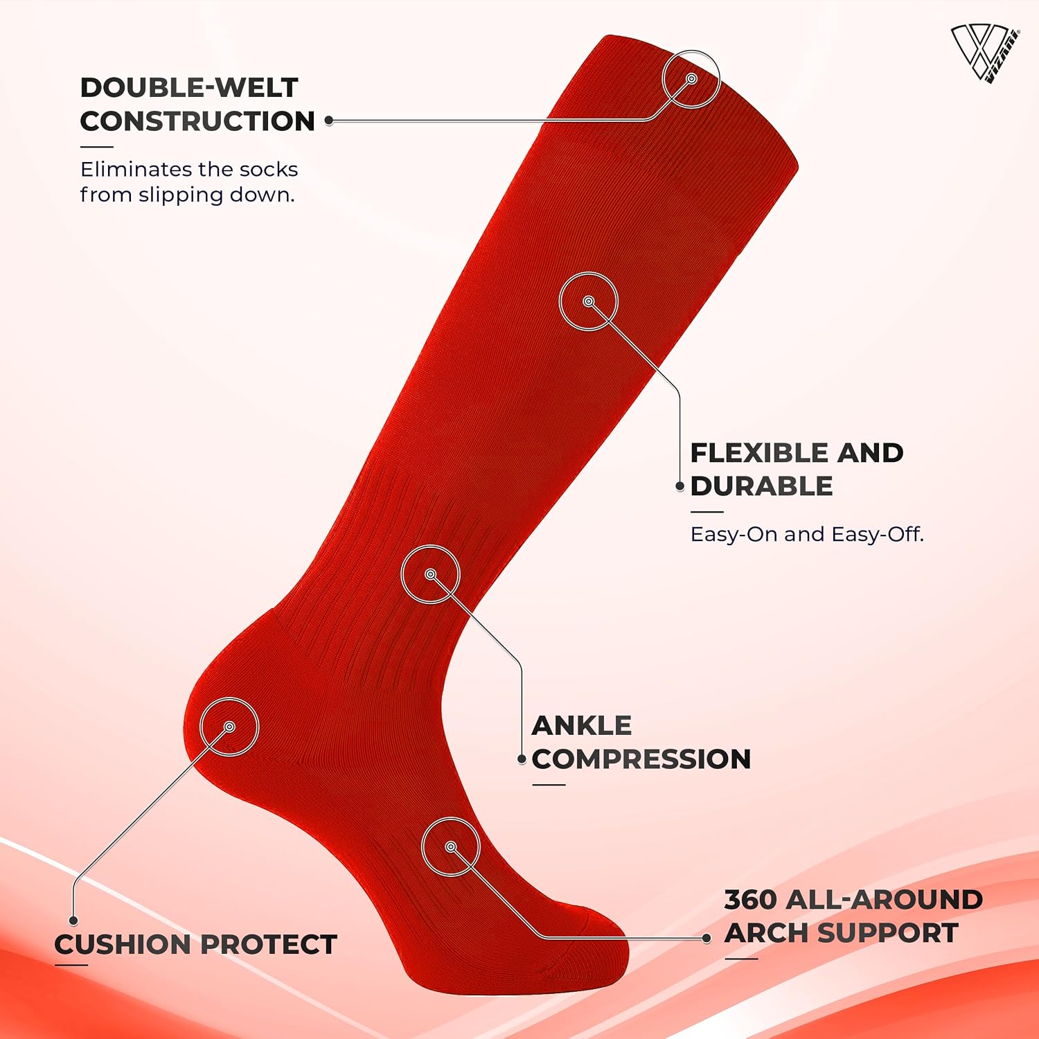 Vizari Soccer Tube Socks for Youth & Adult - Compression Socks with Cushioning Support for Football, Baseball, Rugby & Hockey