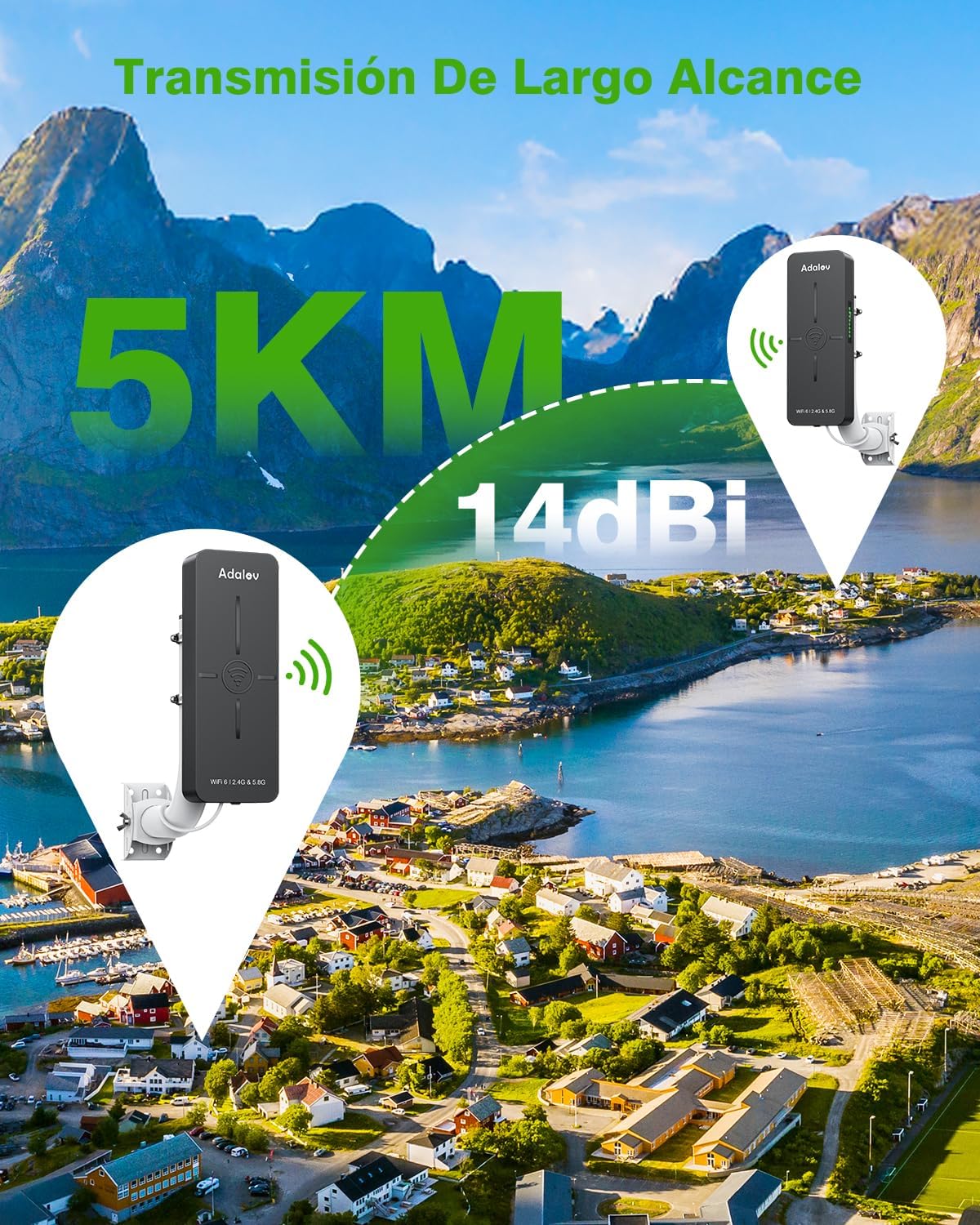 AdaLov CPE882 units demonstrating long-range transmission over several kilometers, connecting distant locations.