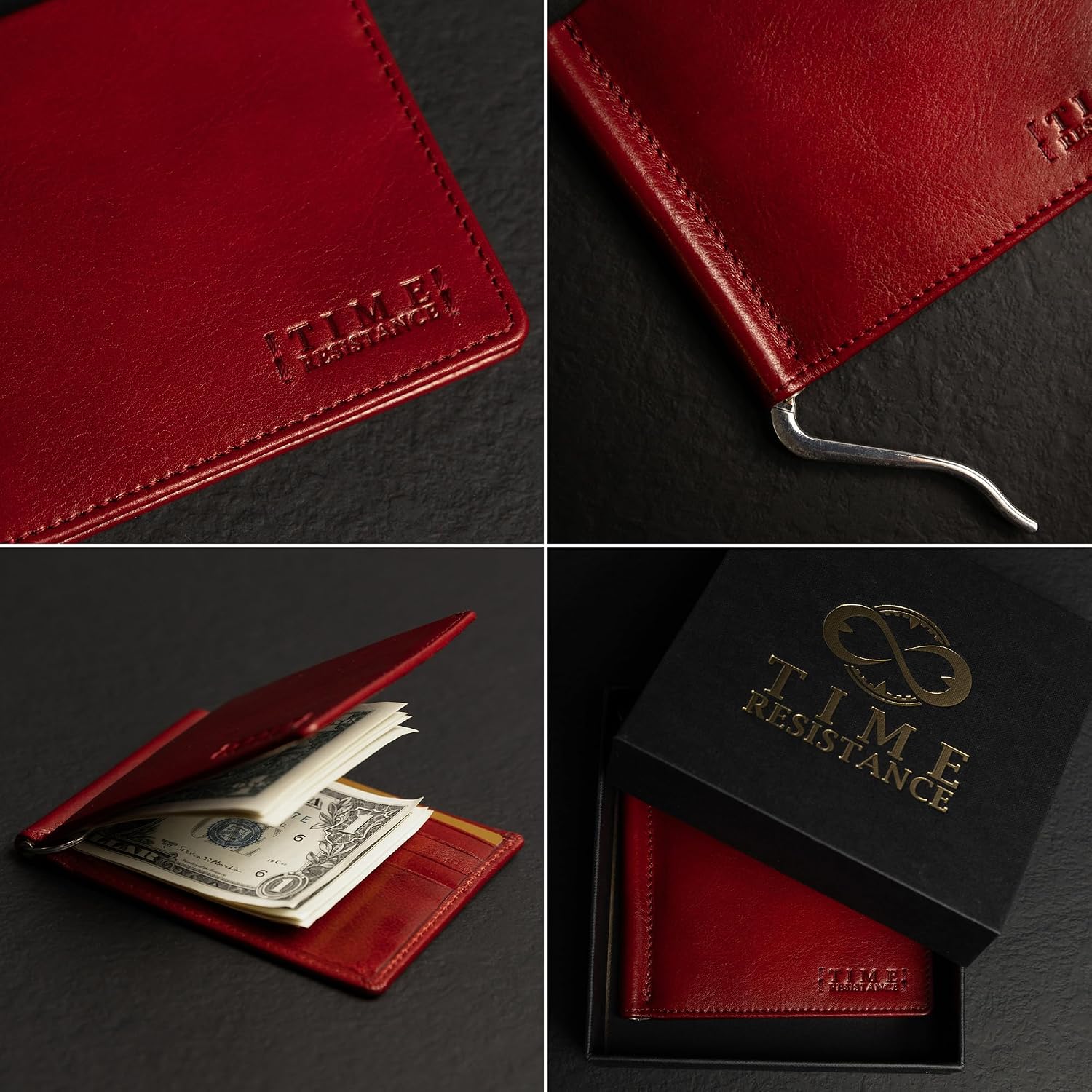 Time Resistance Leather Bifold Wallet – Italian Handmade Full-Grain Leather Cash Holder – Slim Wallet with Money Clip (Red)