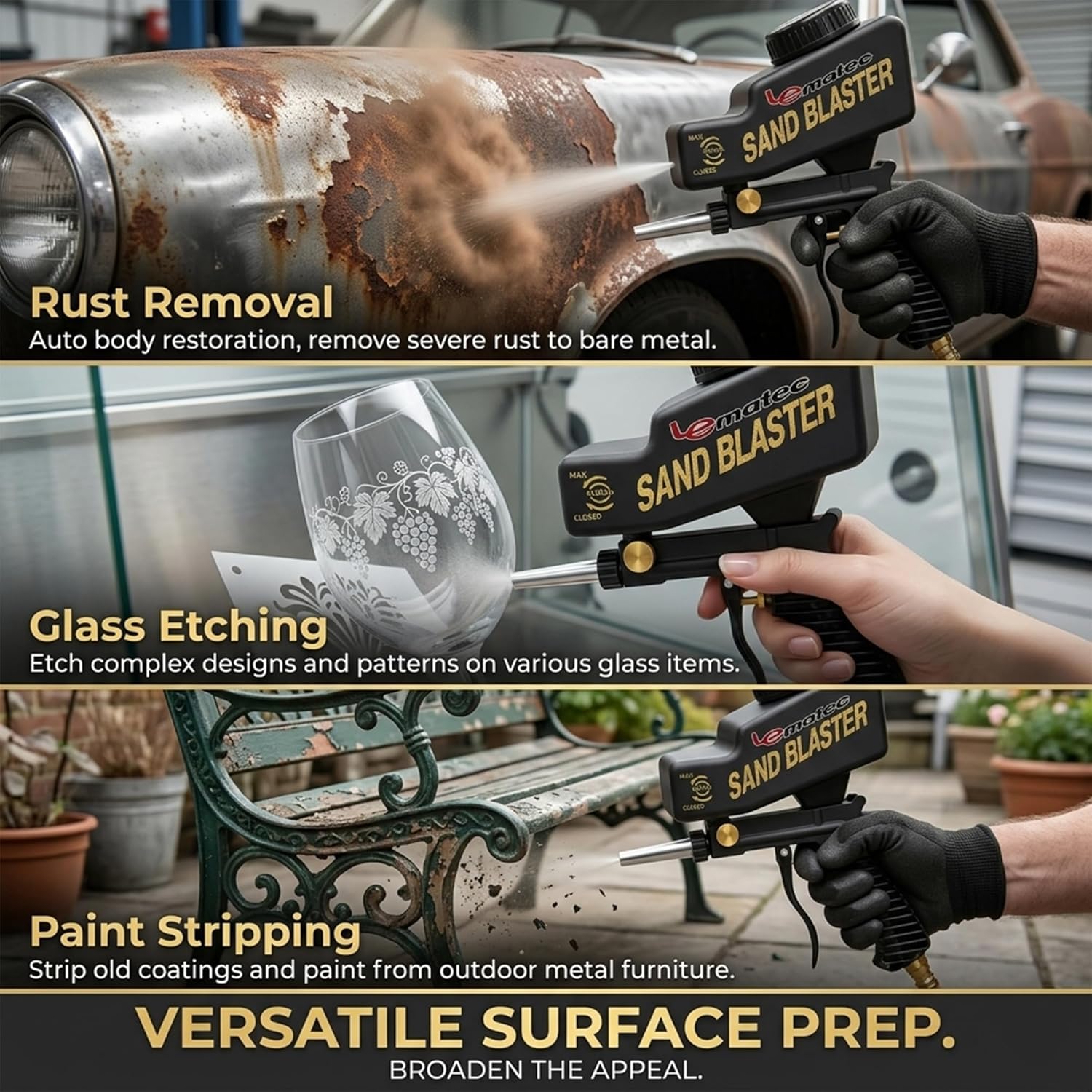 LE LEMATEC Portable Sand Blaster Gun Kit | Gravity Feed Air Tool for Rust Removal, Glass Etching & Paint Stripping | Requires 4 CFM @ 90 PSI Air Compressor - Sandblasting Steel Nozzle
