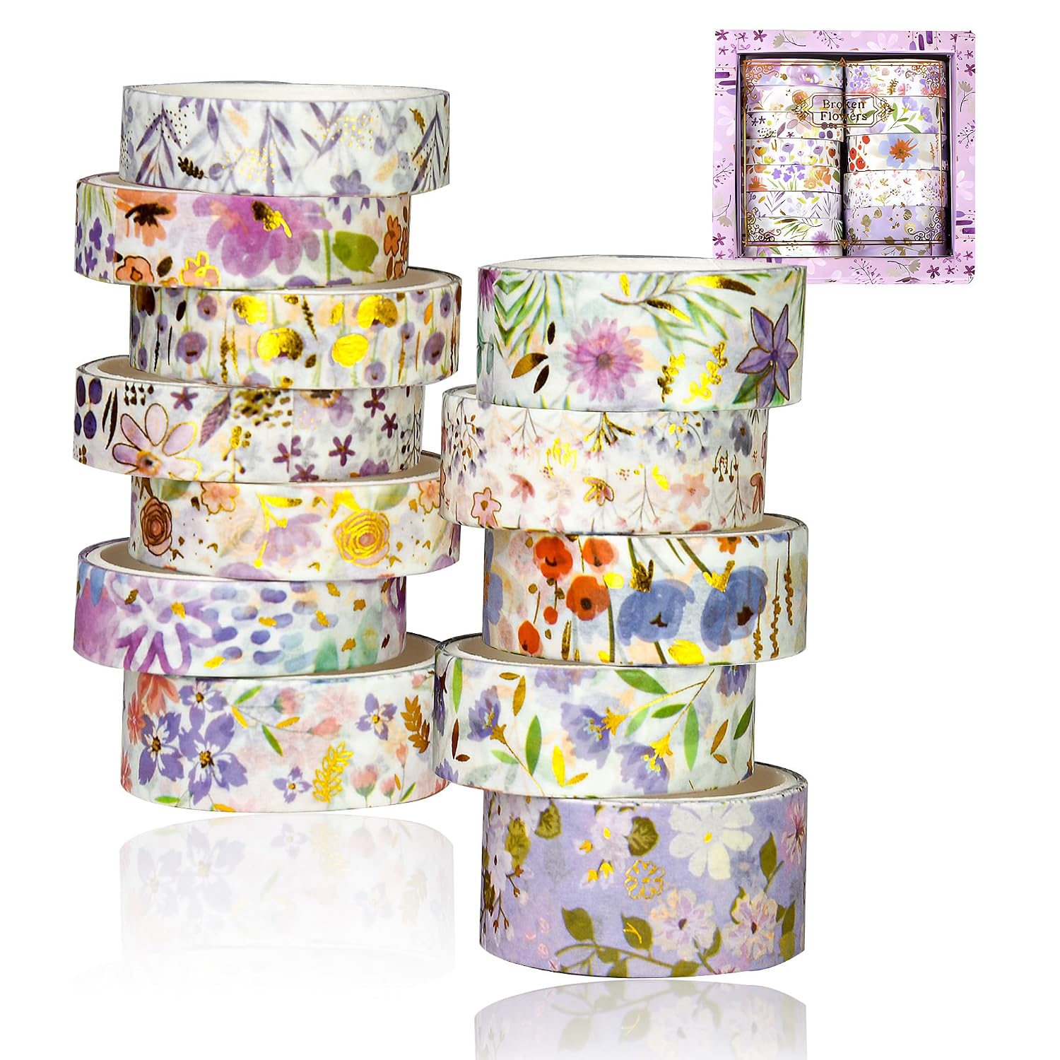 Washi Tape Set, Floral Washi Stickers, 12 Rolls Assorted Sizes, for Junk Journal Scrapbook Tape, Bullet Journaling Scrapbooking Supplies, Planner Sticker DIY Craft DéCor (Purple)