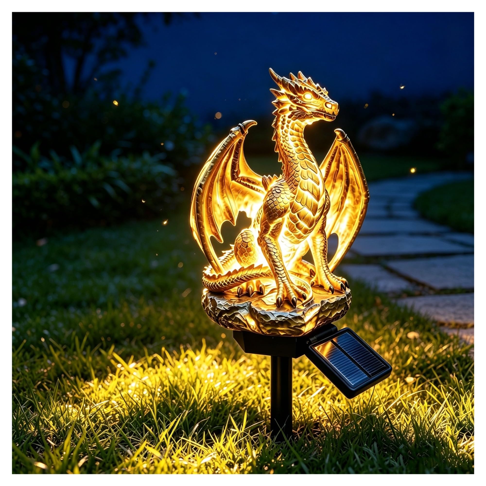 Golden Ember Dragon Solar Garden Stake Light Gothic Halloween Yard Statue