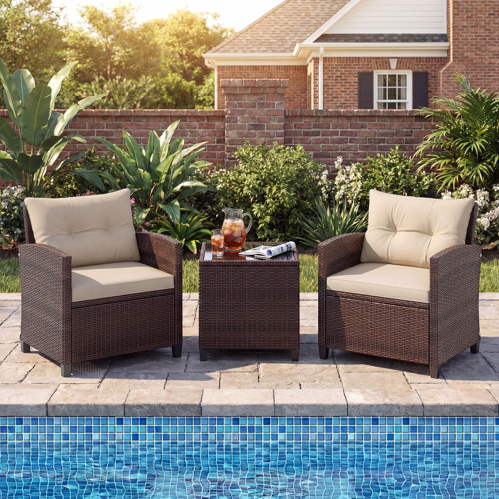 COSTWAY Conjunto Jardin Exterior de Ratán 3 Piezas, 1 Mesa Auxiliar de Vidrio Templado y 2 Sillas con Cojines, Muebles Jardin Terraza Balcon Exterior (Brown)