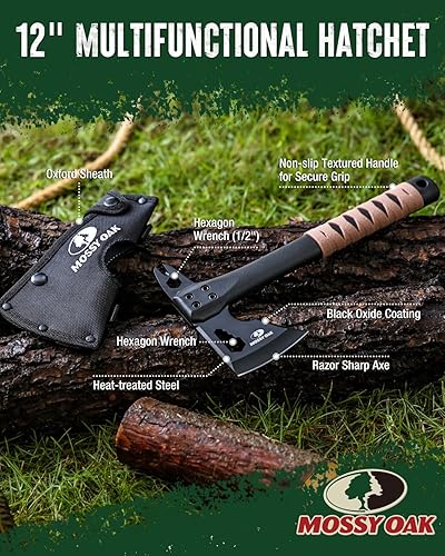 Miniatura 4 de MOSSY OAK Hacha de campamento de 12 pulgadas y hacha de supervivencia con funda, hacha multiherramienta compacta para exteriores con ranuras para