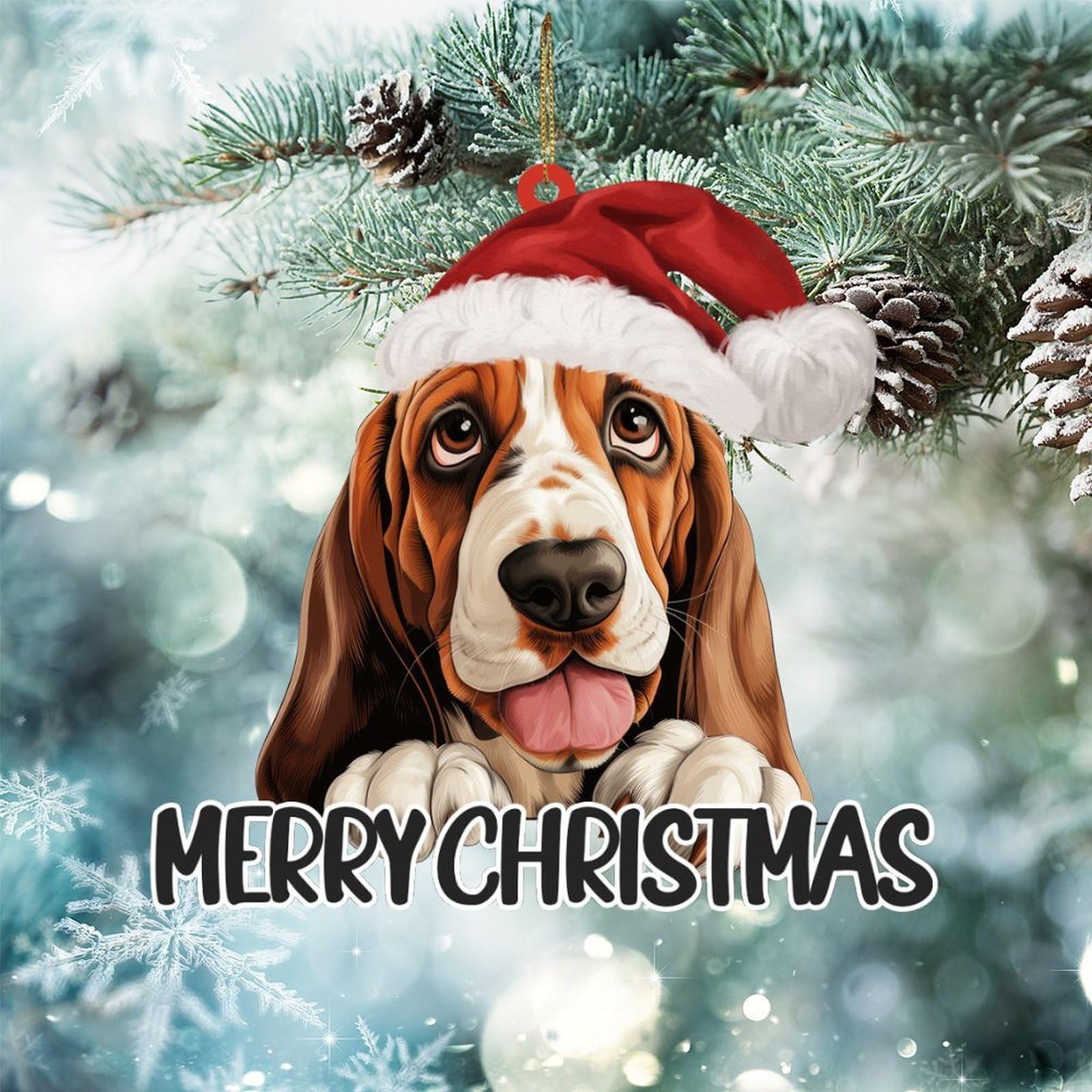 WoGuangis Kerst Ornament Basset Hound Acryl Ornamenten Opknoping Hanger voor Xmas Boom Basset Hound Hond met Kerstman Hoed Aangepaste Naam Kerst Ornament Hond Moeder Gift Ornamenten