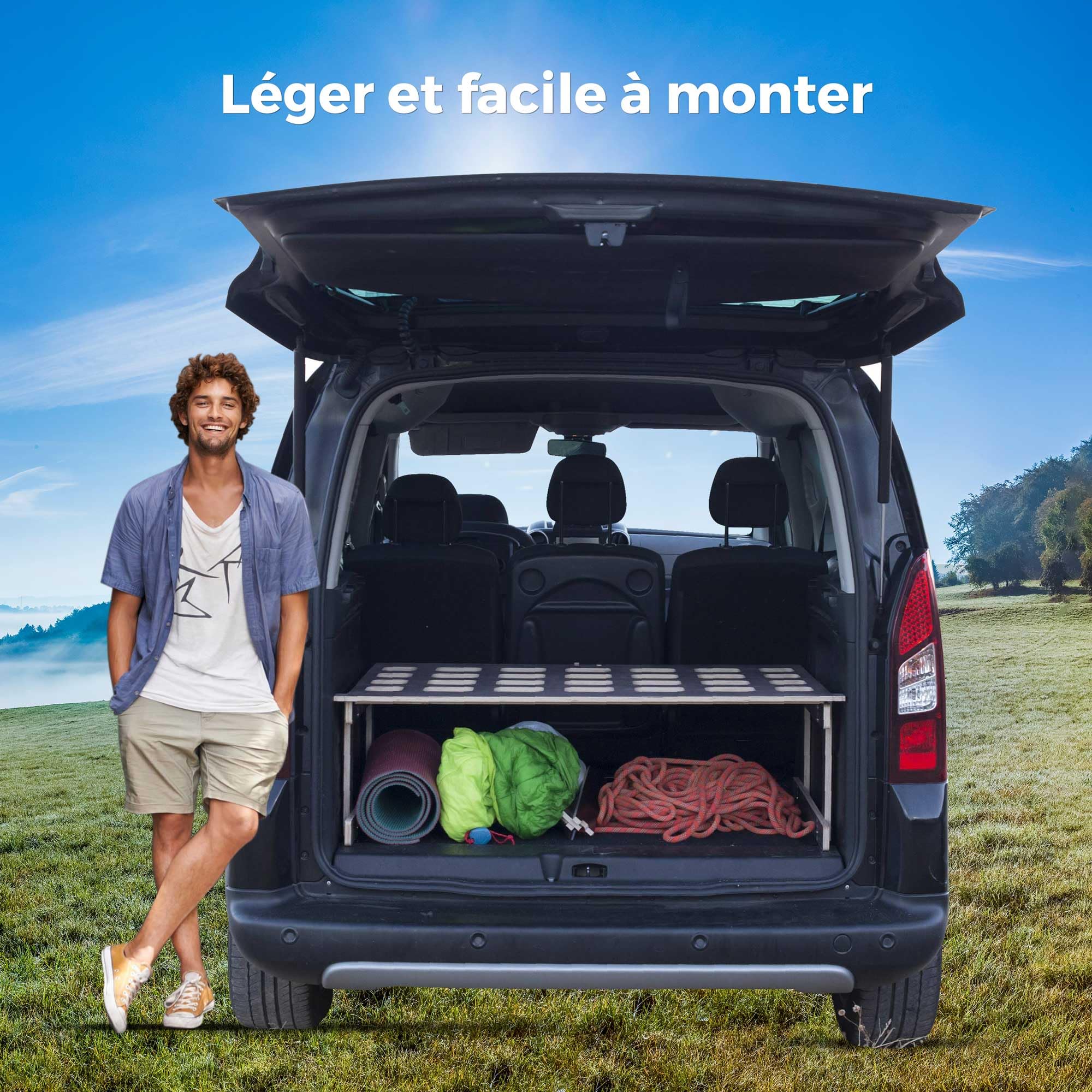 Lit Couchage Fourgon Aménagé Camporan – Lit Pliable avec Matelas, Sommier pour Minivan, legère, Compatible Berlingo Kangoo Rifter Courier II Dokker. sans Matelas