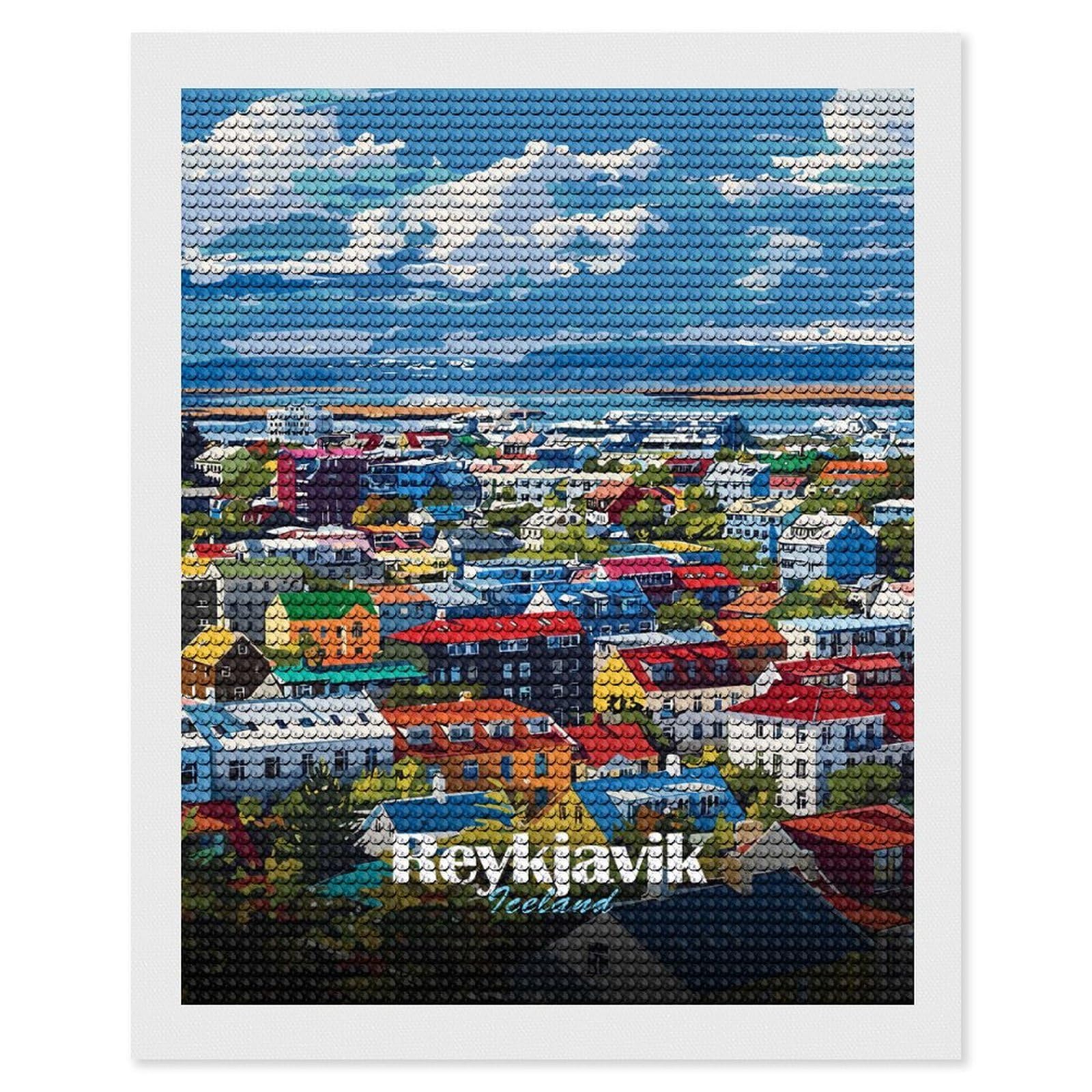 Junmoney Reykjavik, Iceland Cityscape Art Diamond Painting Canvas Set 16"x20", for Women, Mindful Craft Activity, Cosy Home Accent, Festive Craft Gift