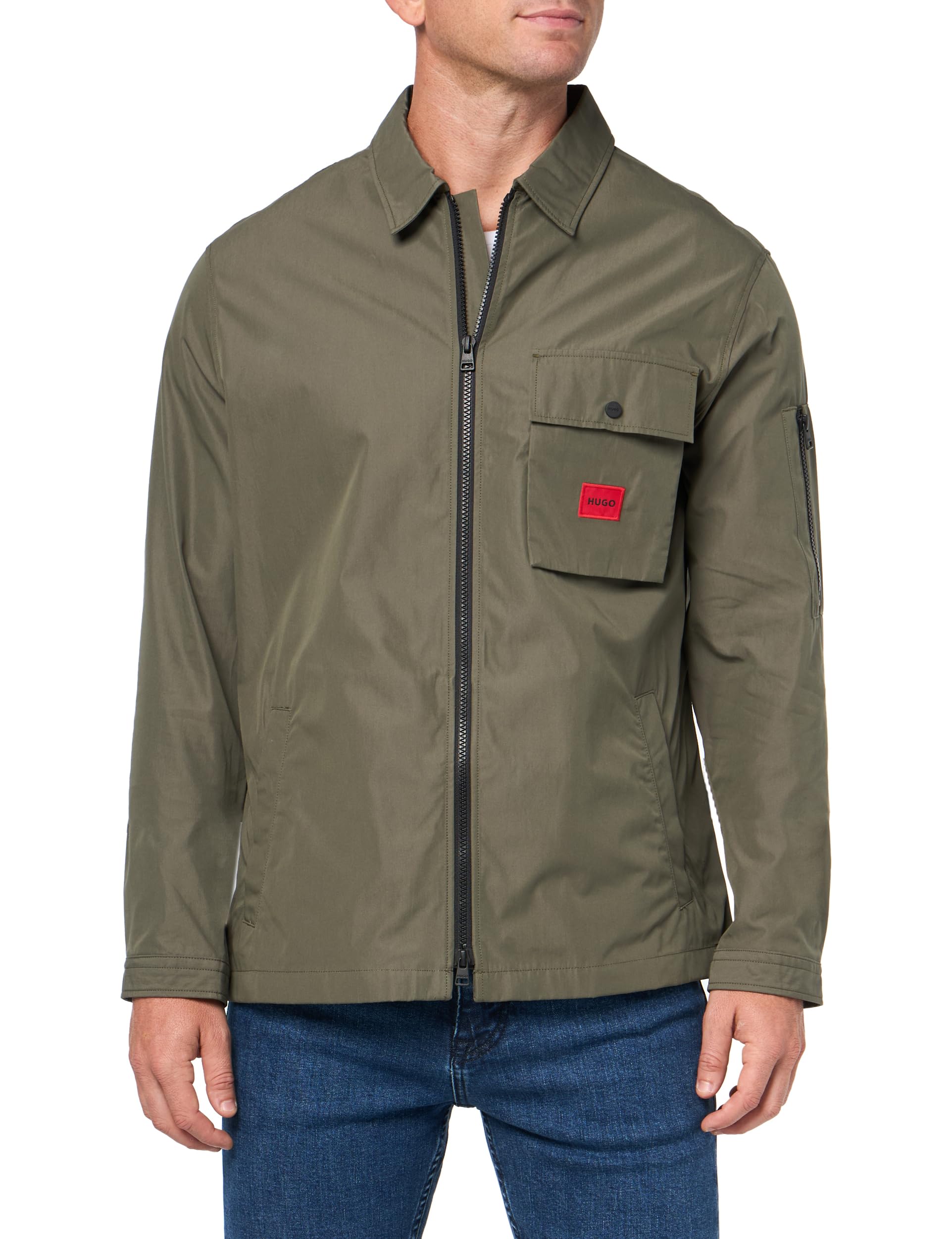 Hugo Men's Cotton Mix Canvas Zip Up Overshirt, Spinach Green, XL