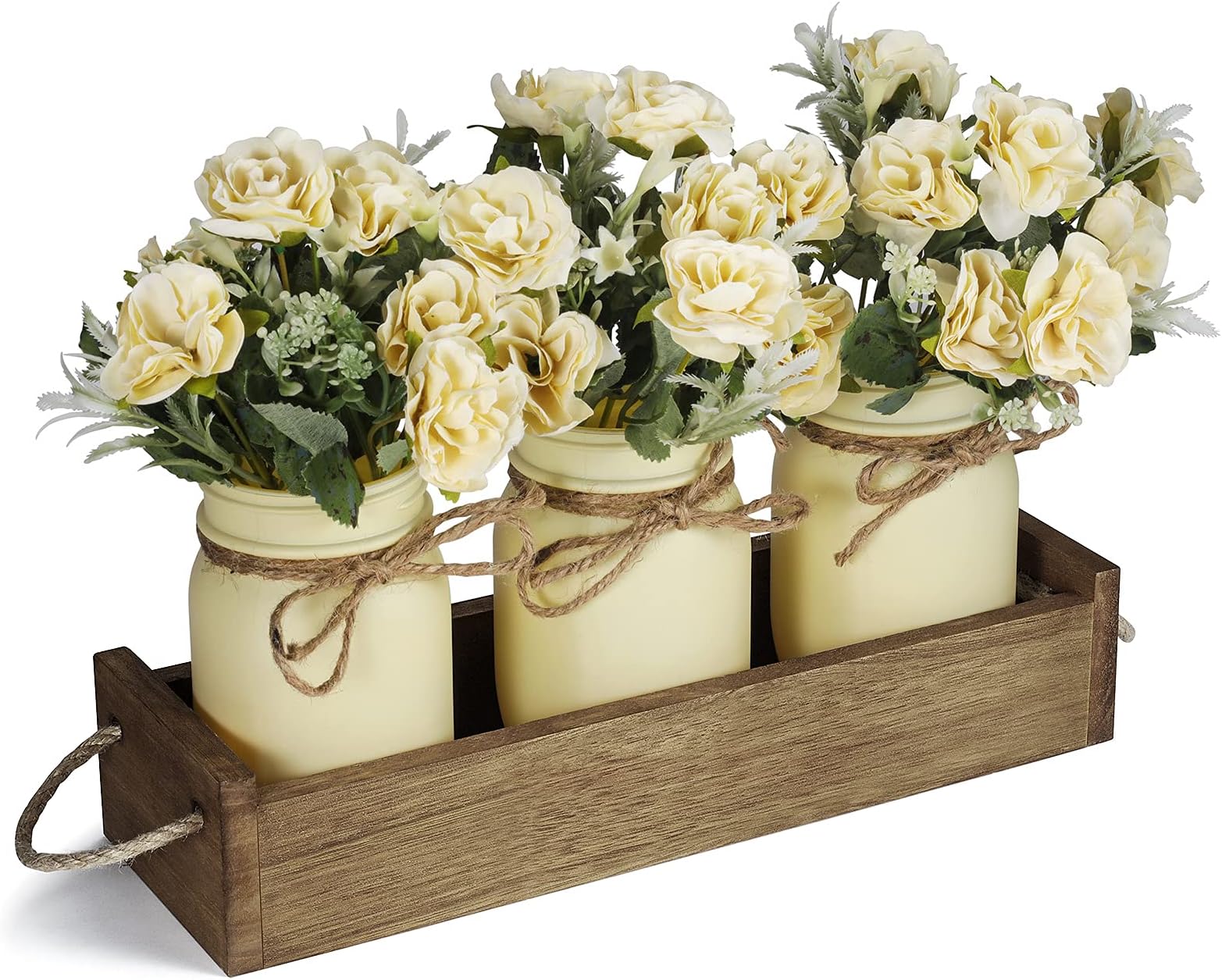 Centerpieces for Dining Room Table, Mason Jar Decorative Wood Tray with Artificial Rose Bouquet Flowers Rustic Farmhouse Home Decor for Coffee Table Living Room Kitchen Table Decor by TJ.MOREE - Beige