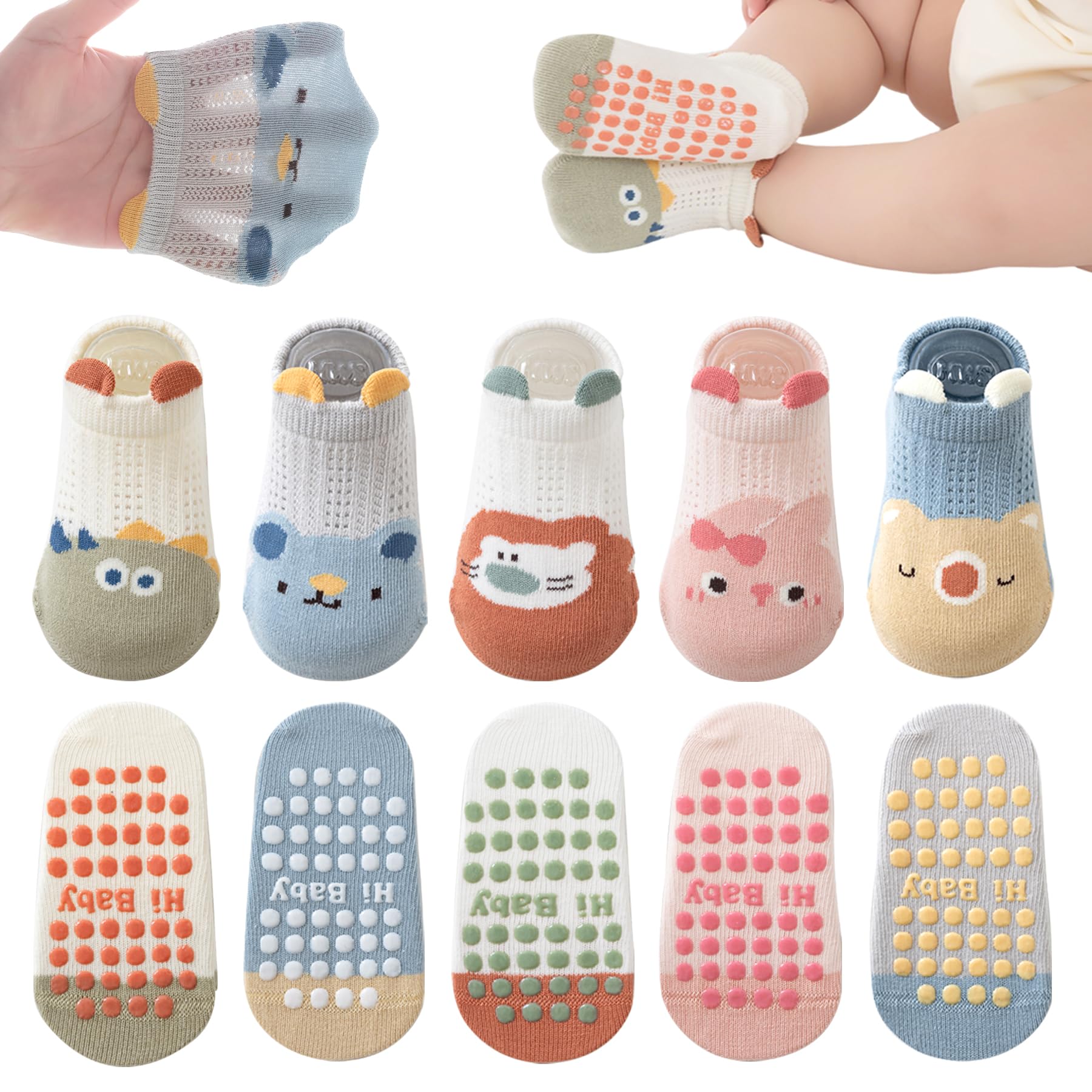 Baby Non-slip Ankle Socks with Grip, Cotton, Breathable, for Babies, Boys, Girls, 5 Pairs of Multicoloured