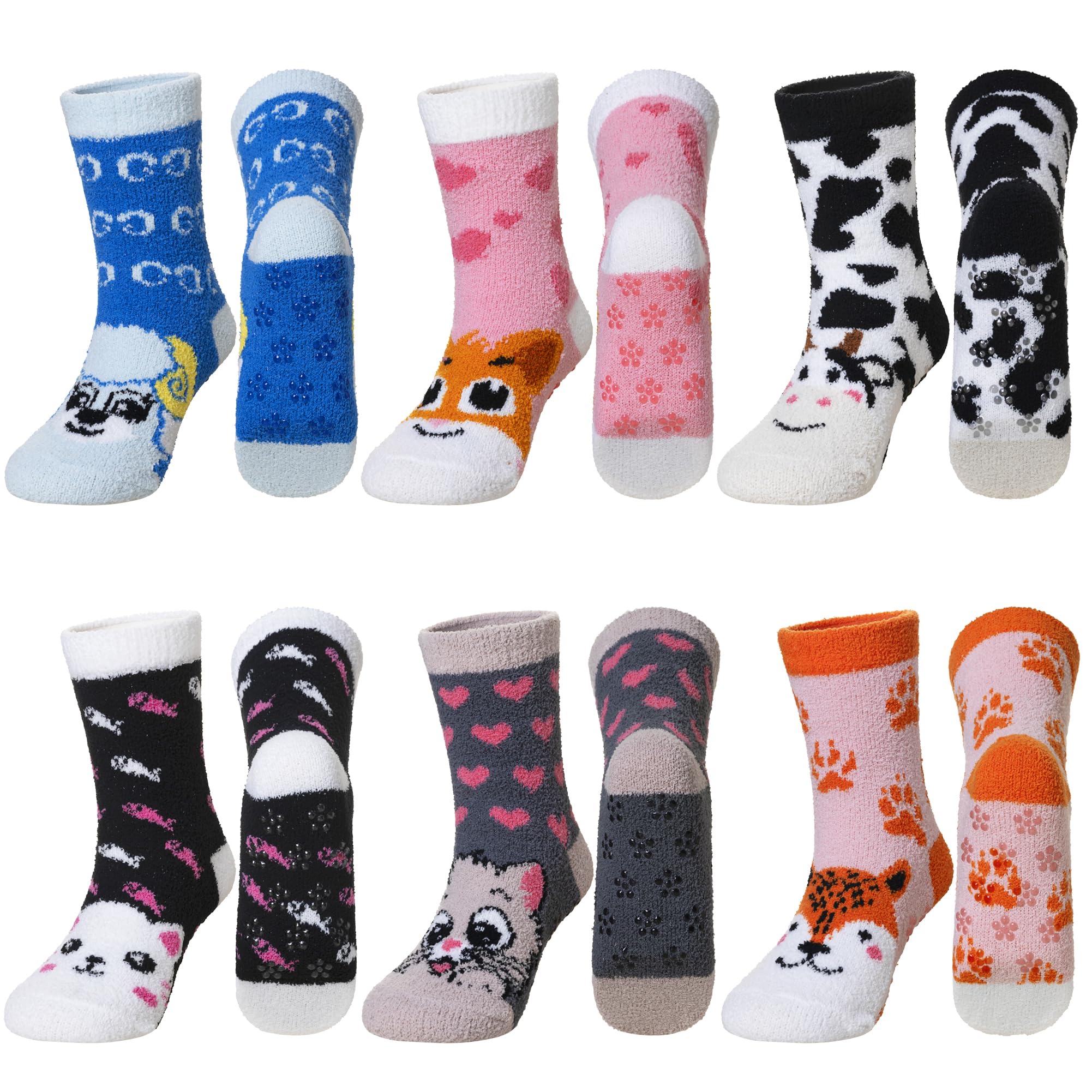 SeeyAN Kids Fuzzy Slipper Grip Socks Boys Girls Non Slip Winter Thick Fluffy Warm Soft Plush Thermal Crew Socks 6 Pairs