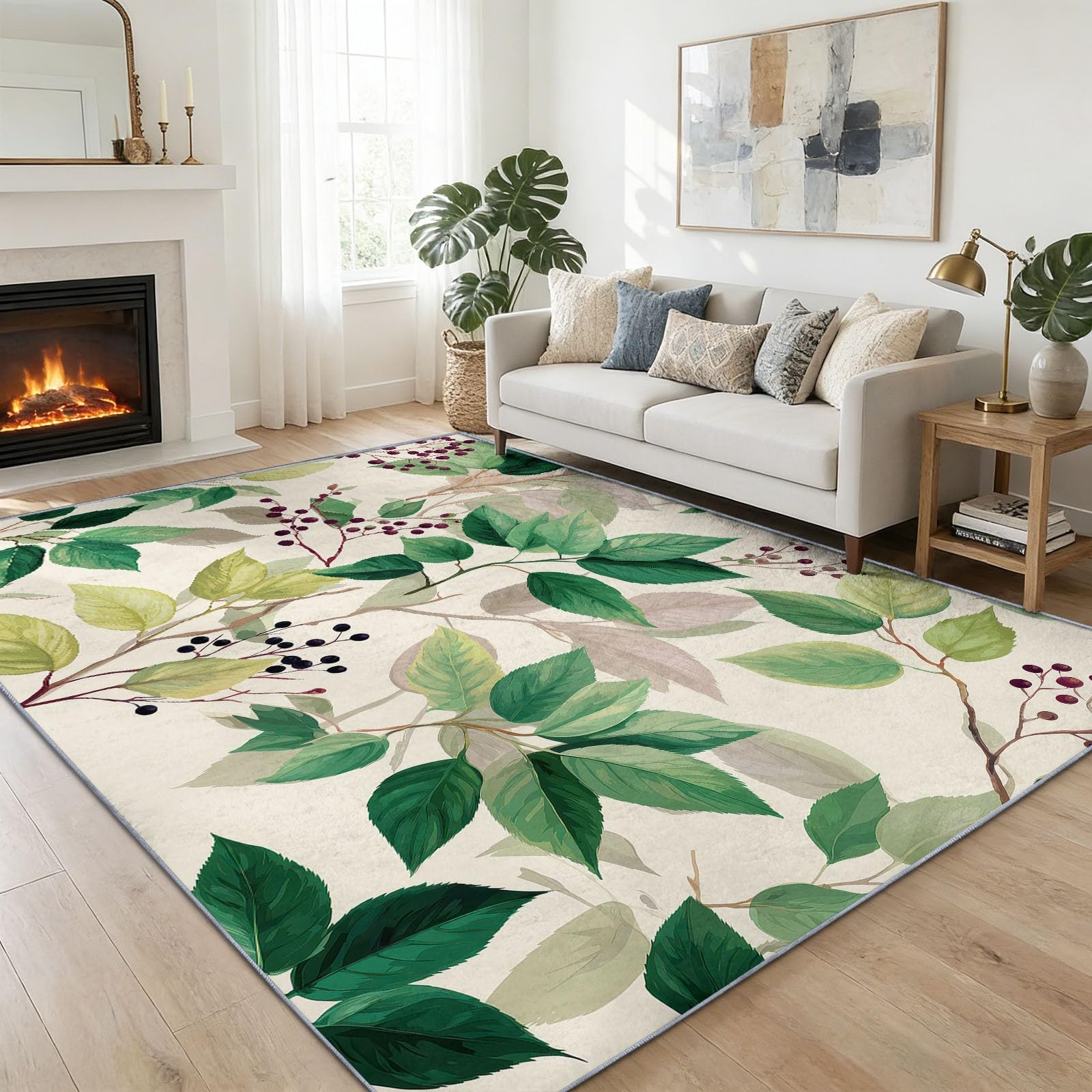 Vert Sauge Tapis Salon 140 x 200 cm, Lavable Minimaliste Aquarelle Plantes Feuilles Tapis à Faible Poil Doux Chambre à Coucher Antidérapant pour Salle à Manger Chambre d'enfants Bureau à Domicile