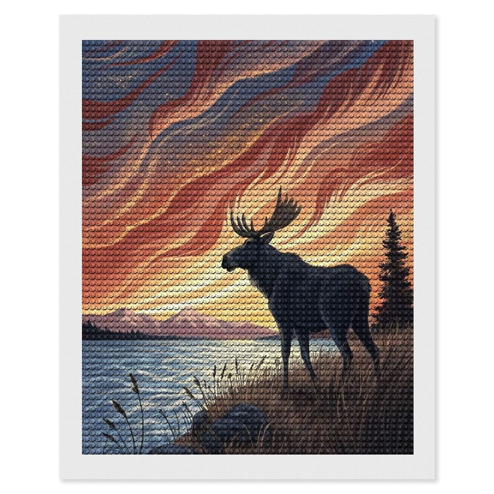 Junmoney Moose by A Lake at Sunset Diamond Painting Canvas Set 16"x20", for Beginners, Complete Accessories, Christmas Gift, Modern Decor