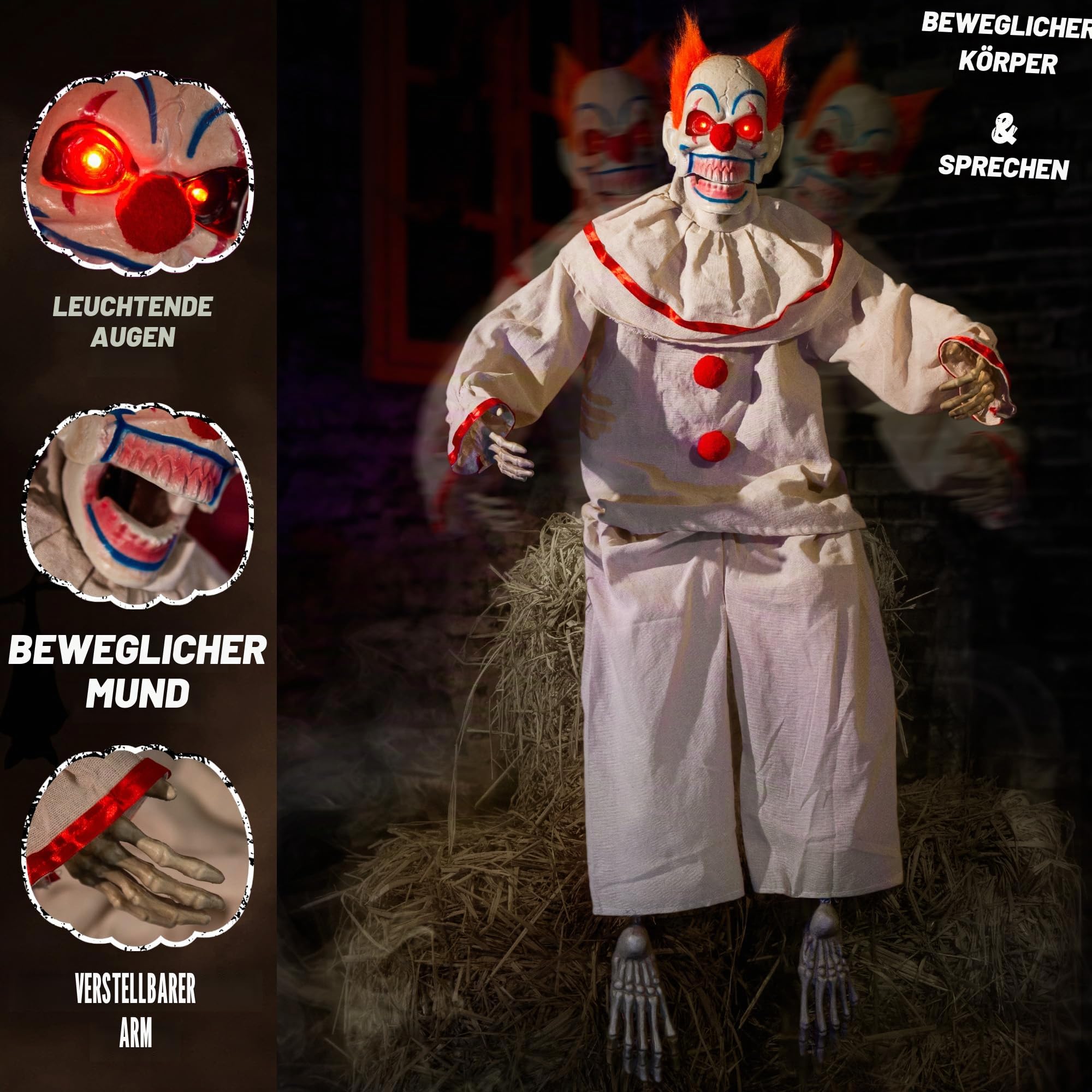 ELAMAS Animatronic sitzender Clown Halloween animierte Dekorationen - Sound aktiviert mit gruseligem Klang, leuchtende Augen, spukhafte Bewegung, Gruseldeko für Spukhaus und Horror-Requisiten