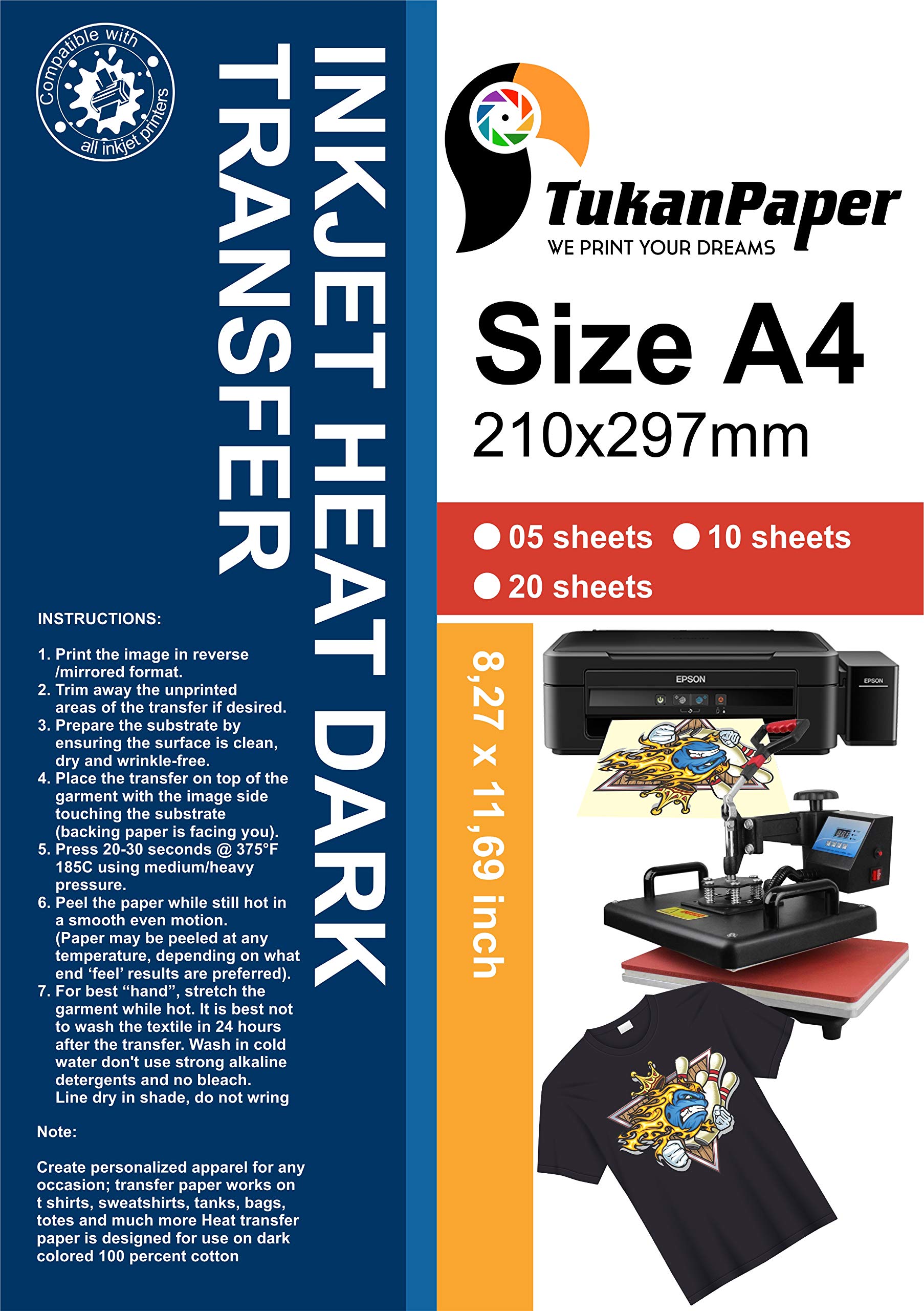 Inkjet Dark Iron Transfer Paper 8.3"x11.6" A4 Size 5 Sheets for 100% Cotton T-Shirts