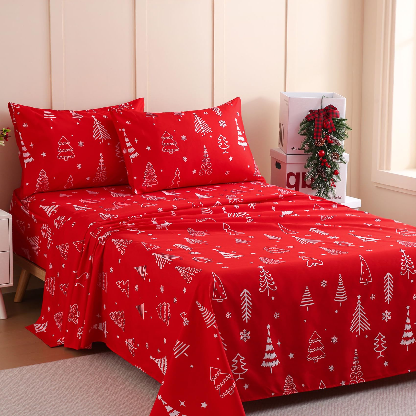JSD Red Christmas Tree Kids Twin Sheet Set 3 Piece