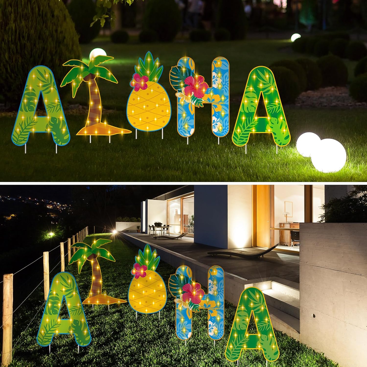 5 Pcs LED Aloha Yard Sign Aloha Surfboard Sign Tropical Summer Lawn Sign Light up Hawaiian Outdoor Decor Plastic Sign with Stakes for Summer Beach Garden Party Decor(Tropical)