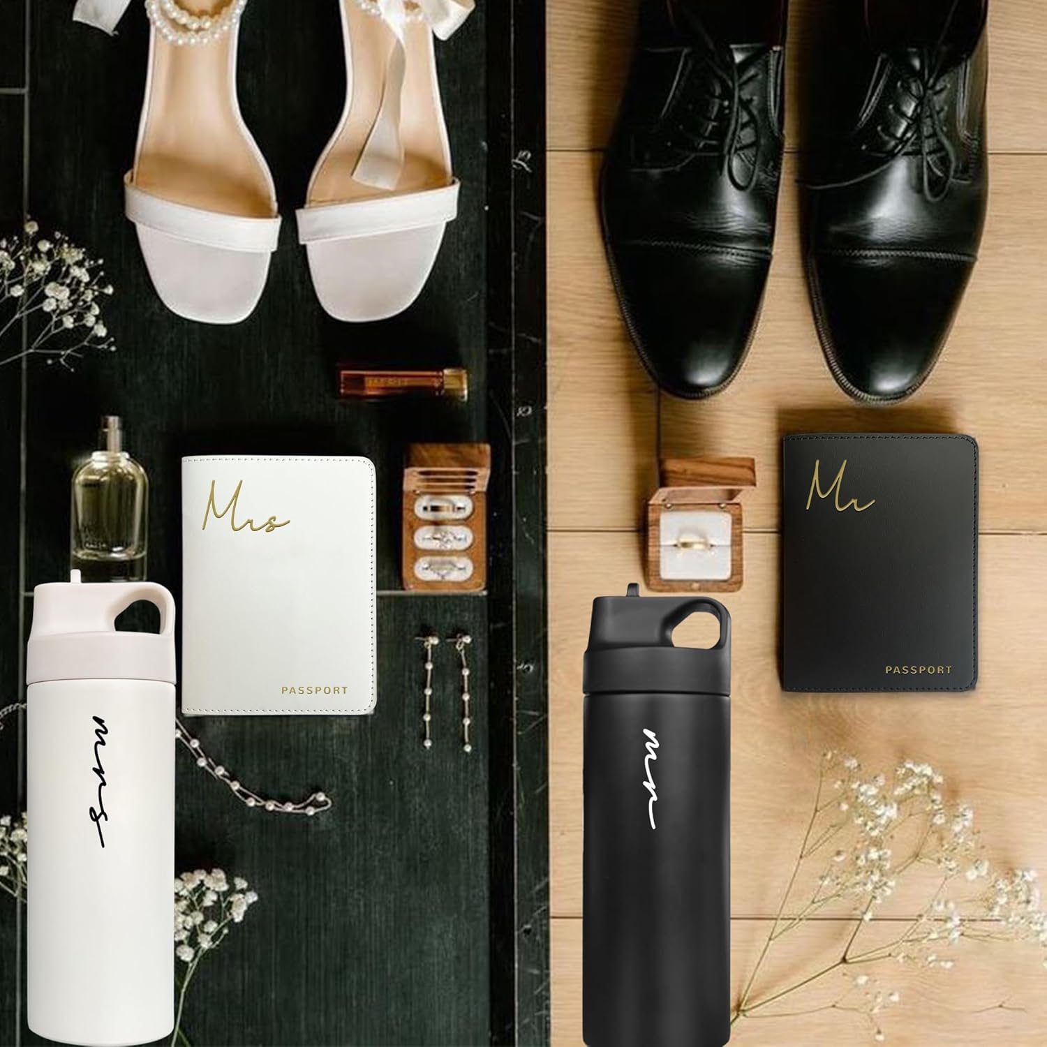 Mr&MrsGifts Mr and Mrs Gifts Cups, Set of 2 Honeymoon Essential Mugs, Bridal Shower Gifts, Engagement Gift 16oz Double-Walled Insulated Cups for Wedding(XZ-MM)