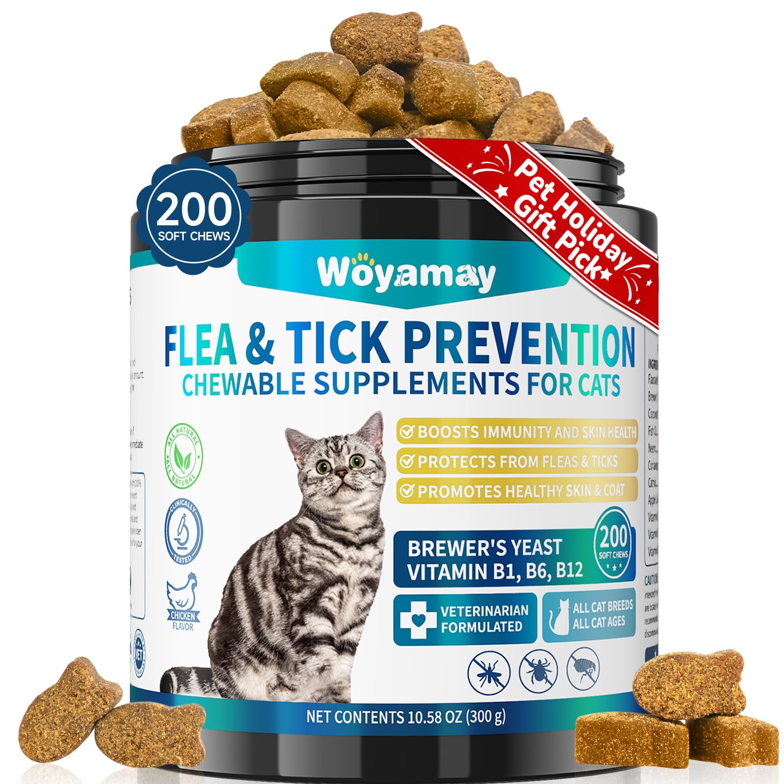 Flea Treatment for Cats, 200 Treats Flea and Tick Prevention for Cats Chewables, Natural Cat Flea and Tick Treatment Chews Daily Oral Flea Supplement, Kitten Cat Flea Treatment, Chicken Flavor