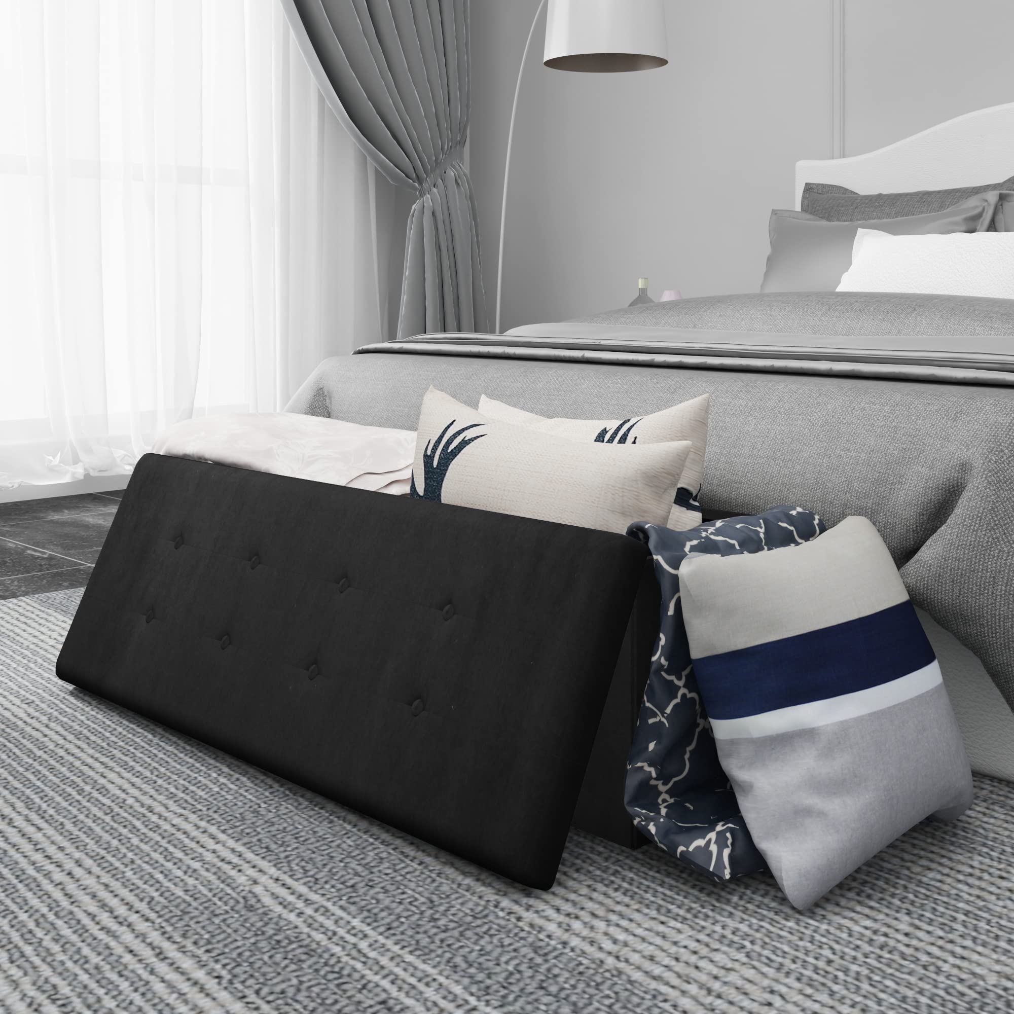 WOLTU Poggiapiedi Cassapanca Contenitore Scarpiera Pouf Sgabello Pieghevole Panca con Coperchio Sedia Bassa in Velluto Nero 110x37,5x38 cm