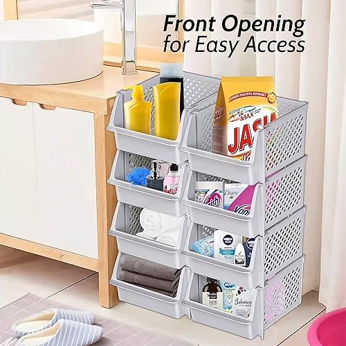 Miniatura 4 de Skywin Contenedores de almacenamiento apilables de plástico para despensa, paquete de 12 contenedores apilables de color gris claro para organizar