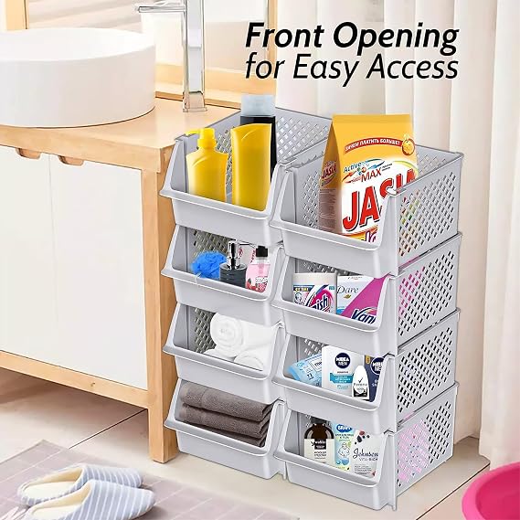 Stackable Storage Bins Open Front for Pantry Storage, 4 Pack - Light Grey