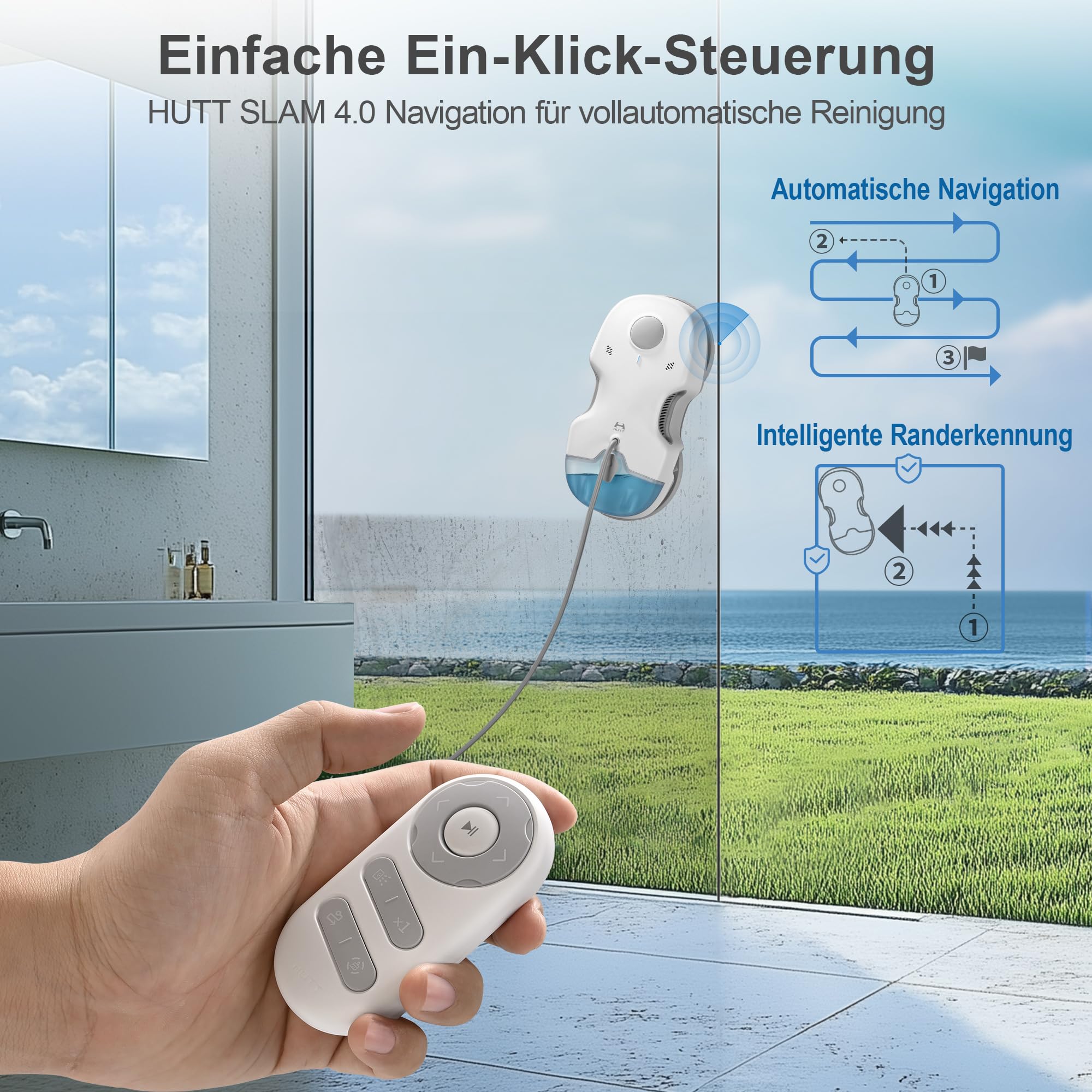 Hutt S7 Plus Fensterputzroboter Akku kabellos, Abnehmbarer Akku, 60 Min Laufzeit, 6500 Pa Saugkraft, 3D schwebendes Doppelpad, automatischer Fensterreiniger mit Sprühfunktion, 80 ml Tank, Koffer