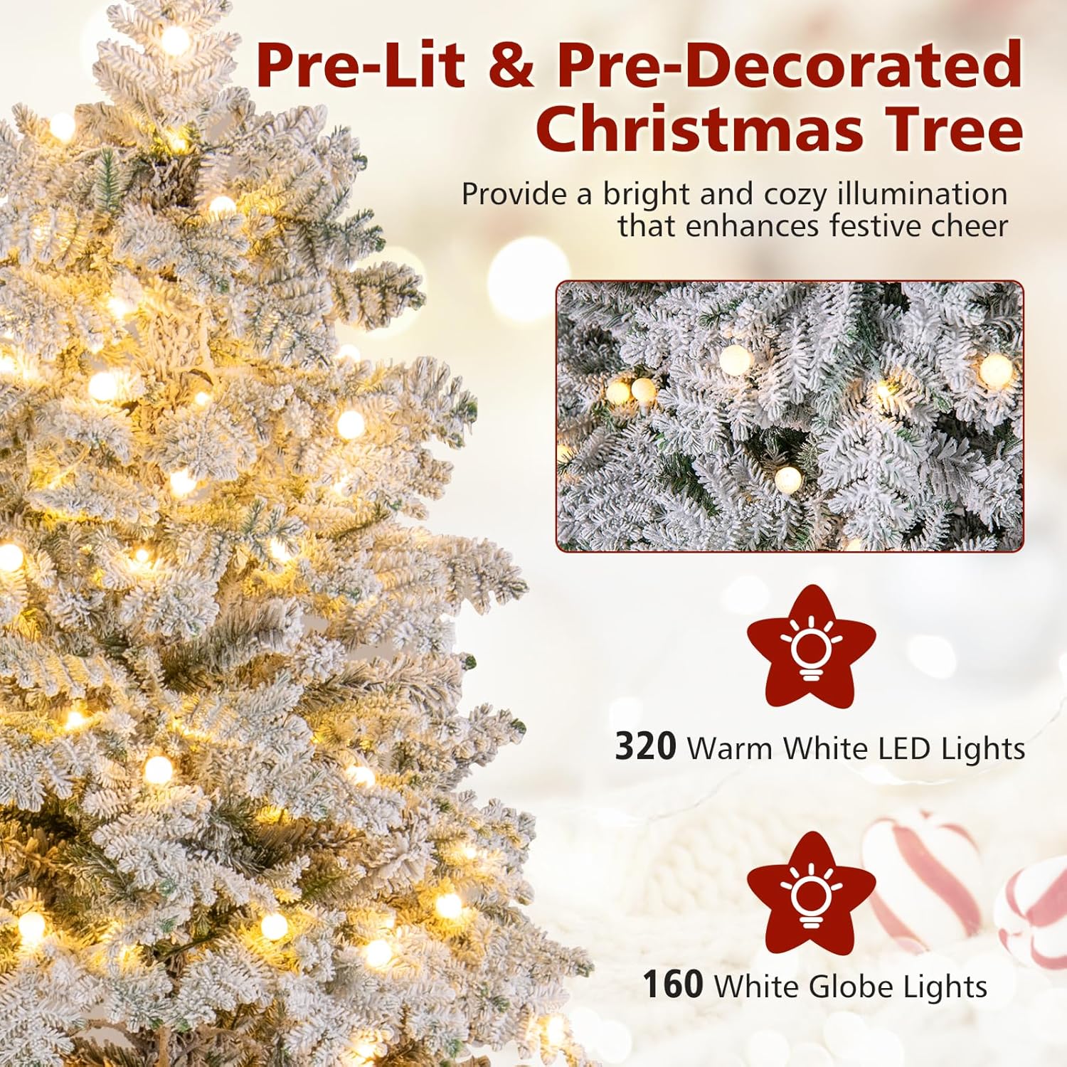 Goplus 7 FT Pre-Lit Snow Flocked Christmas Tree, Artificial Hinged Xmas Tree with 806 Mixed Branch Tips, 320 Warm White LED & 160 Globe Lights, 8 Modes, Metal Stand, Home Office Holiday Decoration