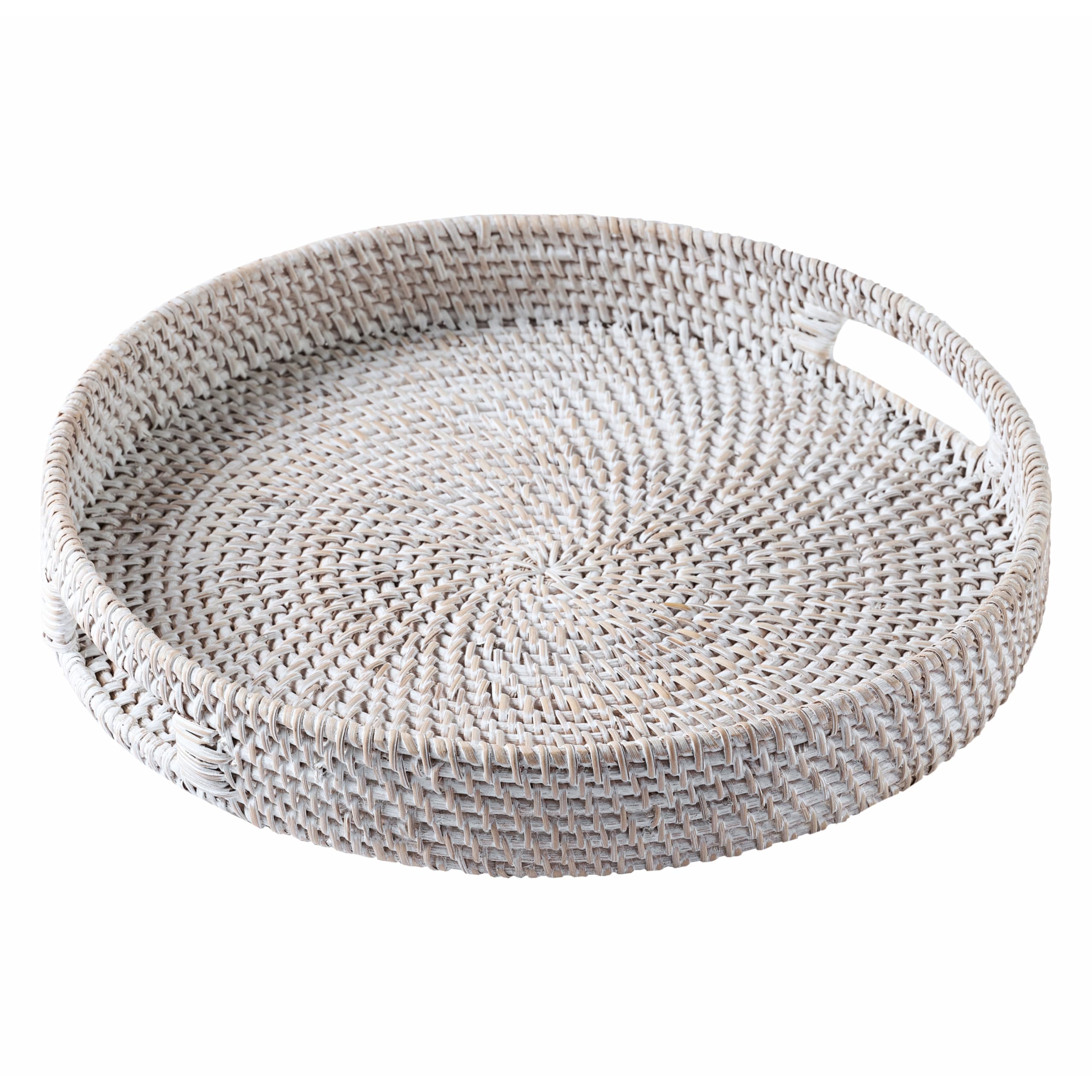 JUNGLE CULTURE Rattan Serving Tray 12" in Whitewash • Woven Serving Trays with Handles for Home • Round Decorative Dining Table Tray • Boho Wicker