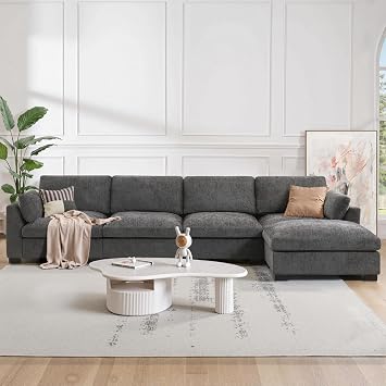 130" Modular Sectional Sofa, Oversized L-Shape Couch, Modern Comfy Chenille Sofa with Folding Table and Dual-Port Charging, Side Storage Pockets, 5 Seat Convertible Couches for Living Room Charcoal