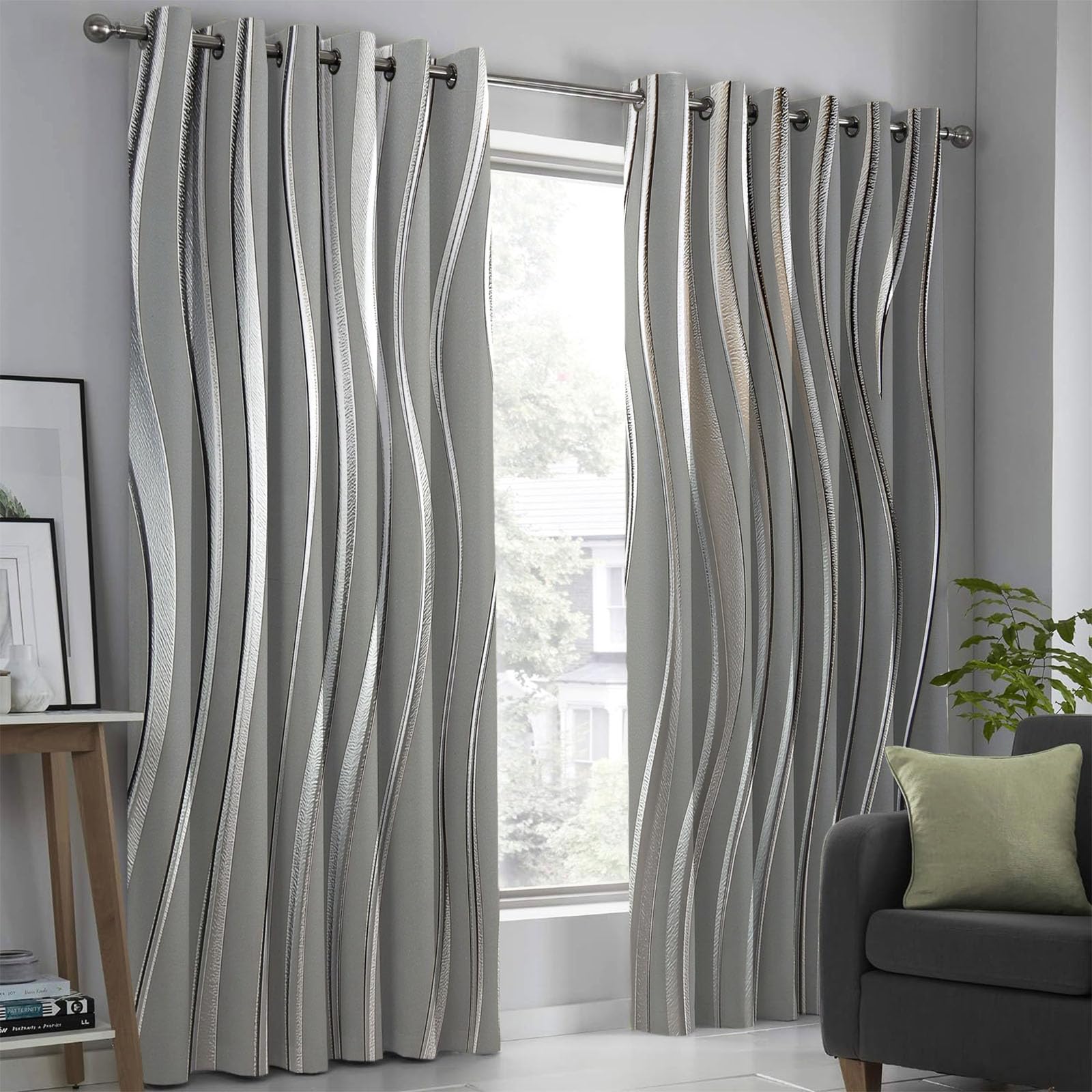 Cortinas Opacas Ondas De Lámina Plateada Brillante para Dormitorio, 240 Cm De Largo, 2 Paneles De Cortinas con Ollaos Geométrico De Lujo para Sala De Estar, Cortina De Aislamiento Térmico, Gris Plata