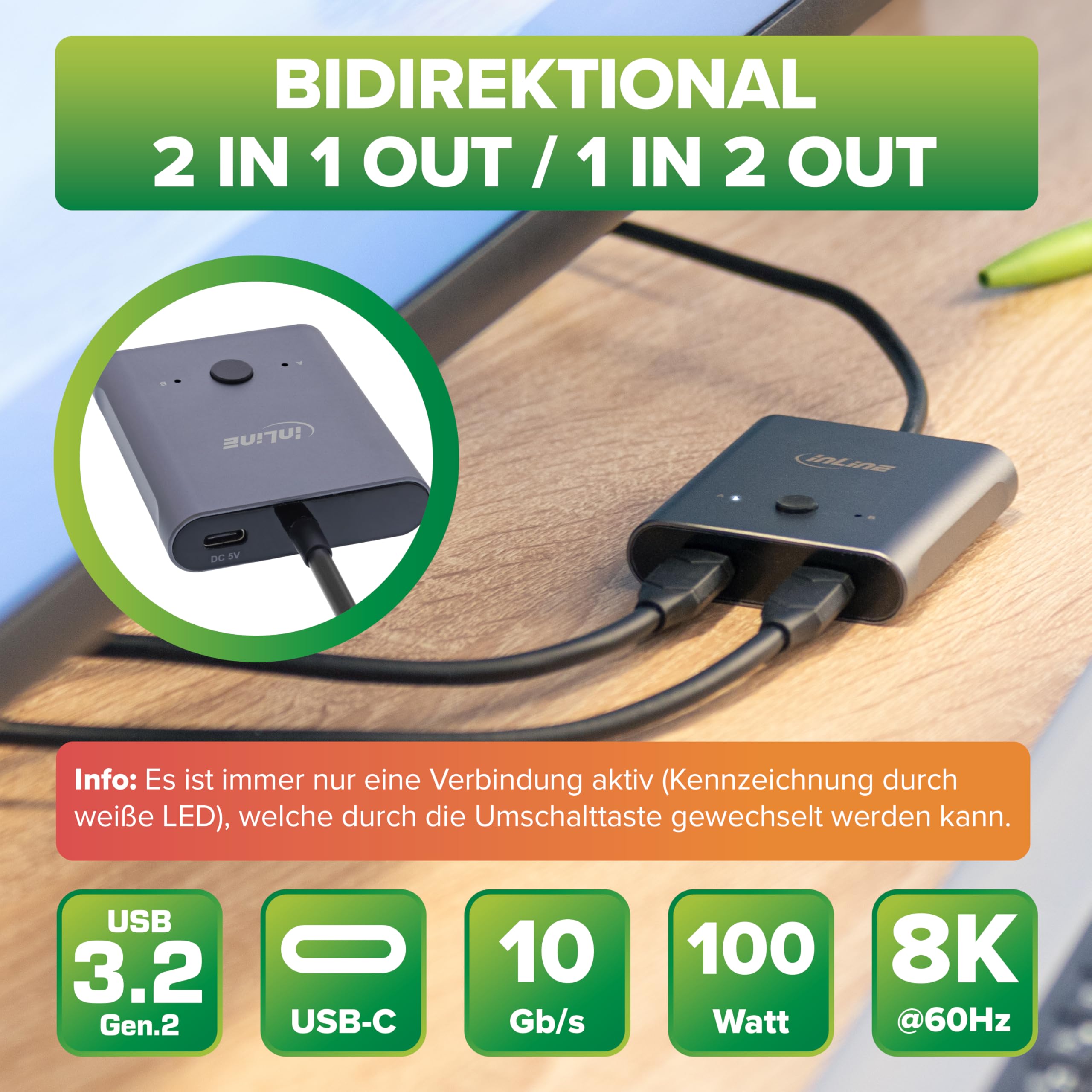 InLine Commutateur USB-C bidirectionnel (données et vidéo), 2 en 1 Sortie ou 1 en 2 Sorties, répartiteur/commutateur pour PC, vidéo 8K @ 60 Hz 4K @ 60 Hz, Transfert de données 10 GB/s, Charge 100 W,
