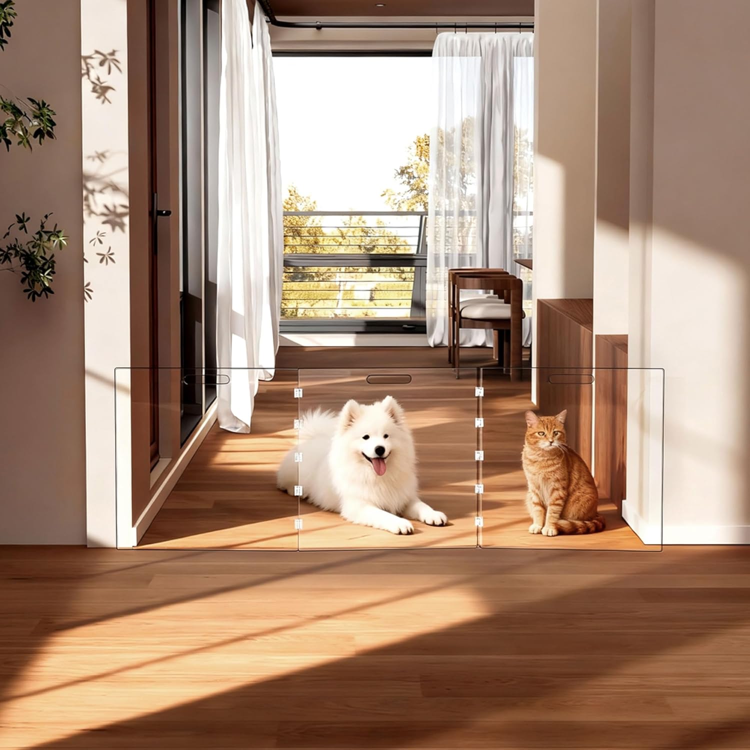 Clear Acrylic Dog Gate, Freestanding Pet Gate for Doorways Indoor, Foldable Acrylic Dog Playpen No Drilling (Clear, 3-Panel)