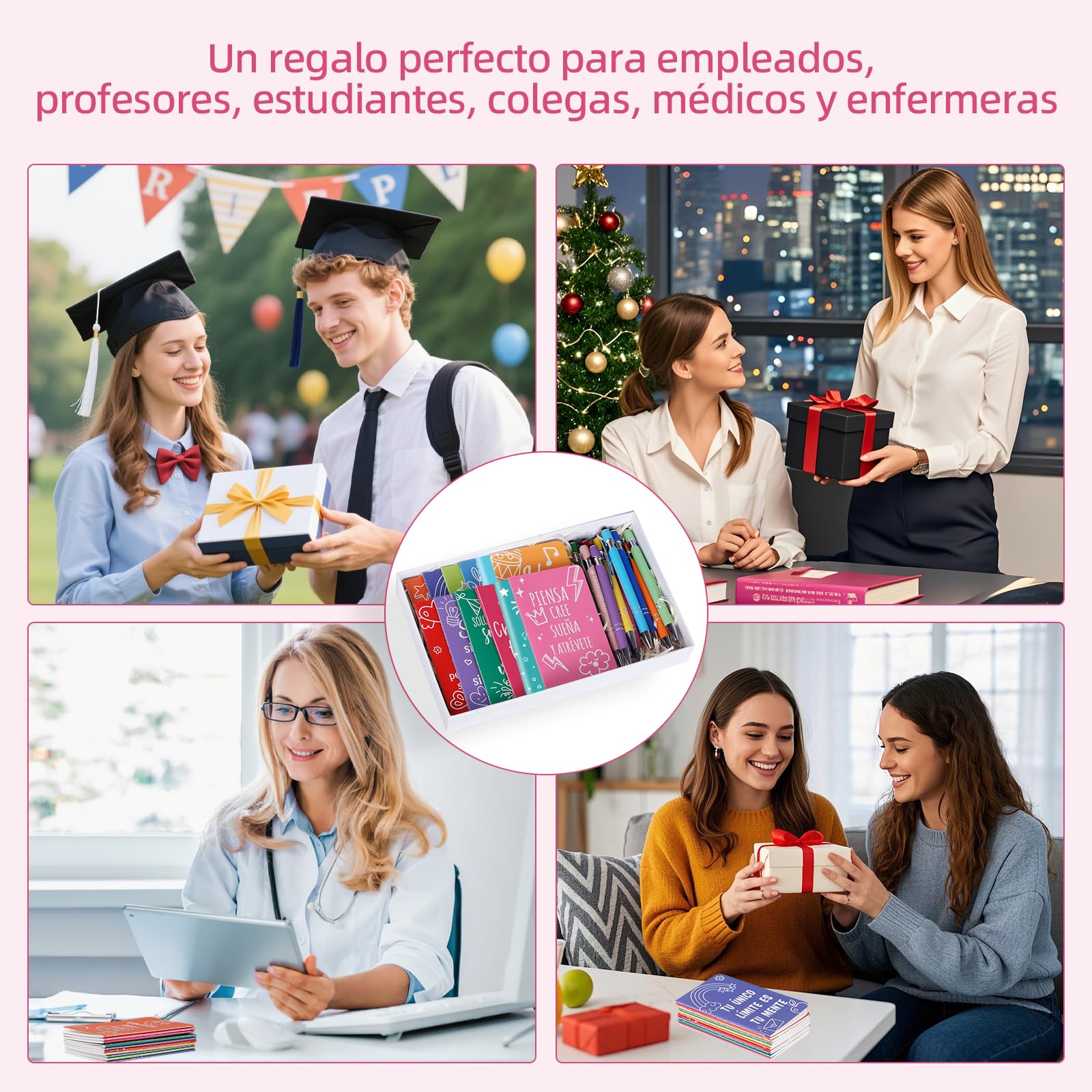 12 libretas en formato mini y 12 bolígrafos con frases motivadoras en español: el regalo ideal para estudiantes, profesores, colegios y oficinas.