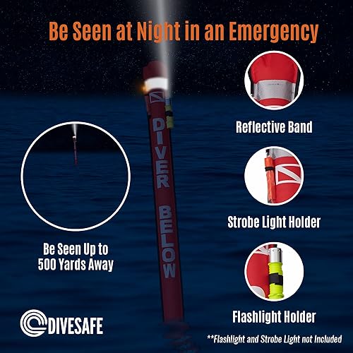 Miniatura 3 de DiveSafe Boya marcador de superficie retardada  Parte inferior cerrada de 7 pies con banda reflectante de alta visibilidad, luz estroboscópica y