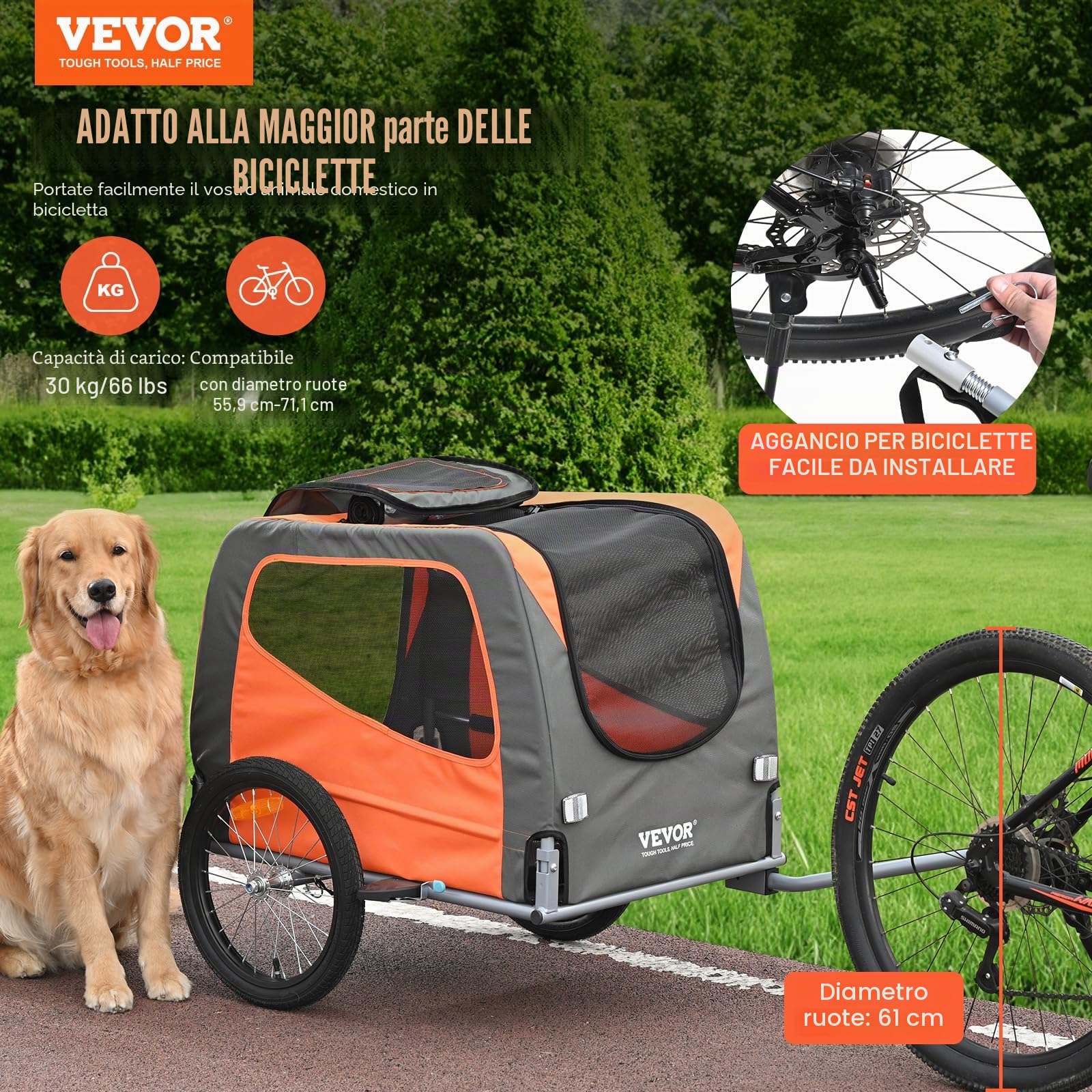 VEVOR Rimorchio Bici per Cani Pieghevole Portata max. 30 kg Passeggino per Animali Domestici con Ruote a Sgancio Rapido Telaio in Acciaio Carrello per Bici Traino Rimorchio Animali Arancione/Grigio