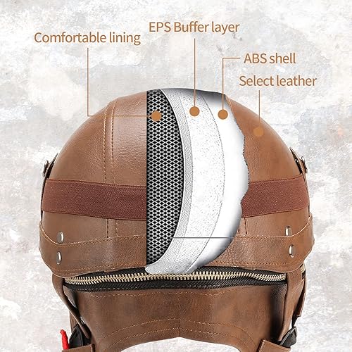 Miniatura 5 de Medio casco de cuero de estilo alemán para adultos, hombres y mujeres, aprobado por el DOT, casco de motocicleta de media cara para Cruiser Chopper