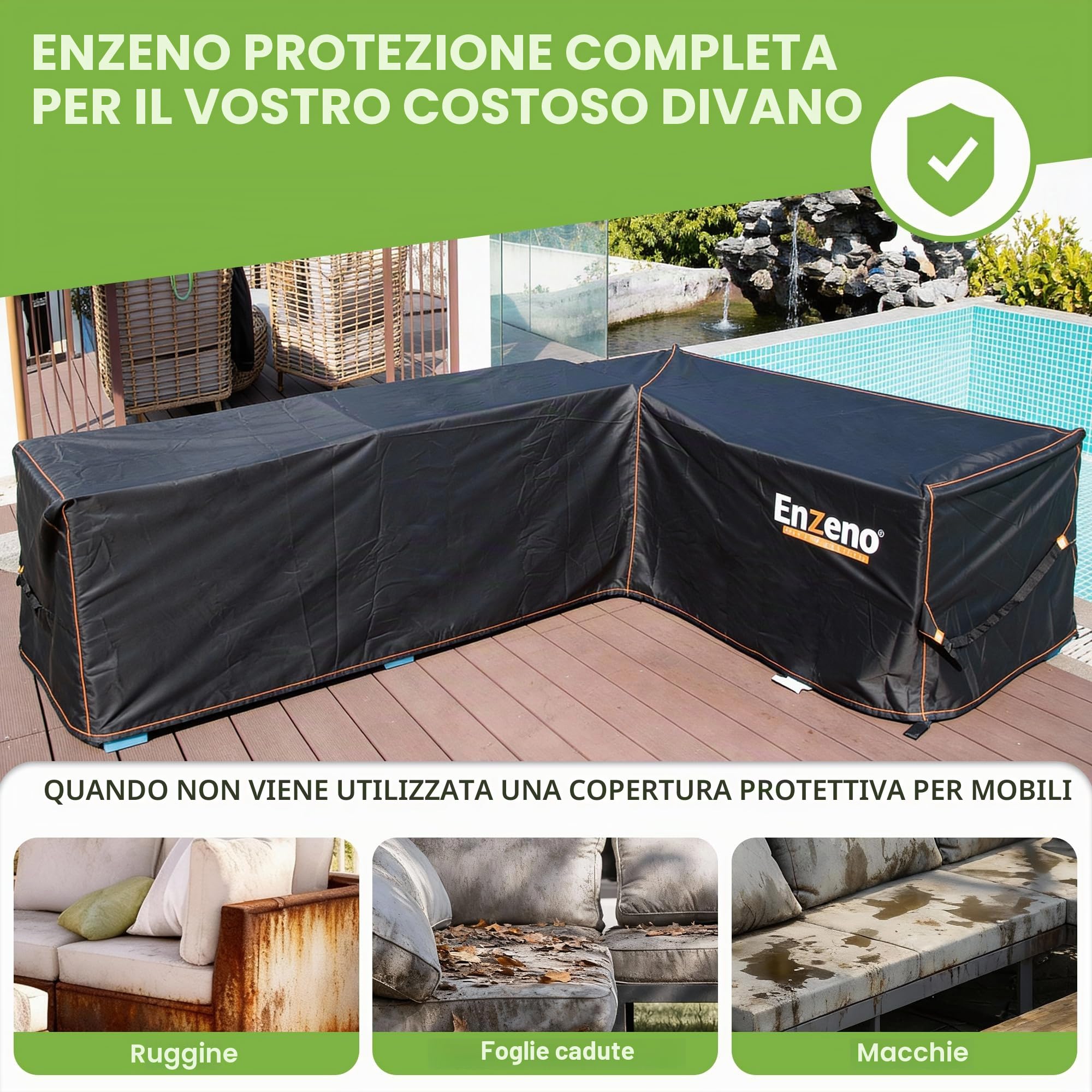 Enzeno Telo protettivo per mobili da giardino a forma di L, impermeabile e antivento per divano ad angolo esterno mobili da giardino rettangolare 215 × 215 × 87 cm copertura telone