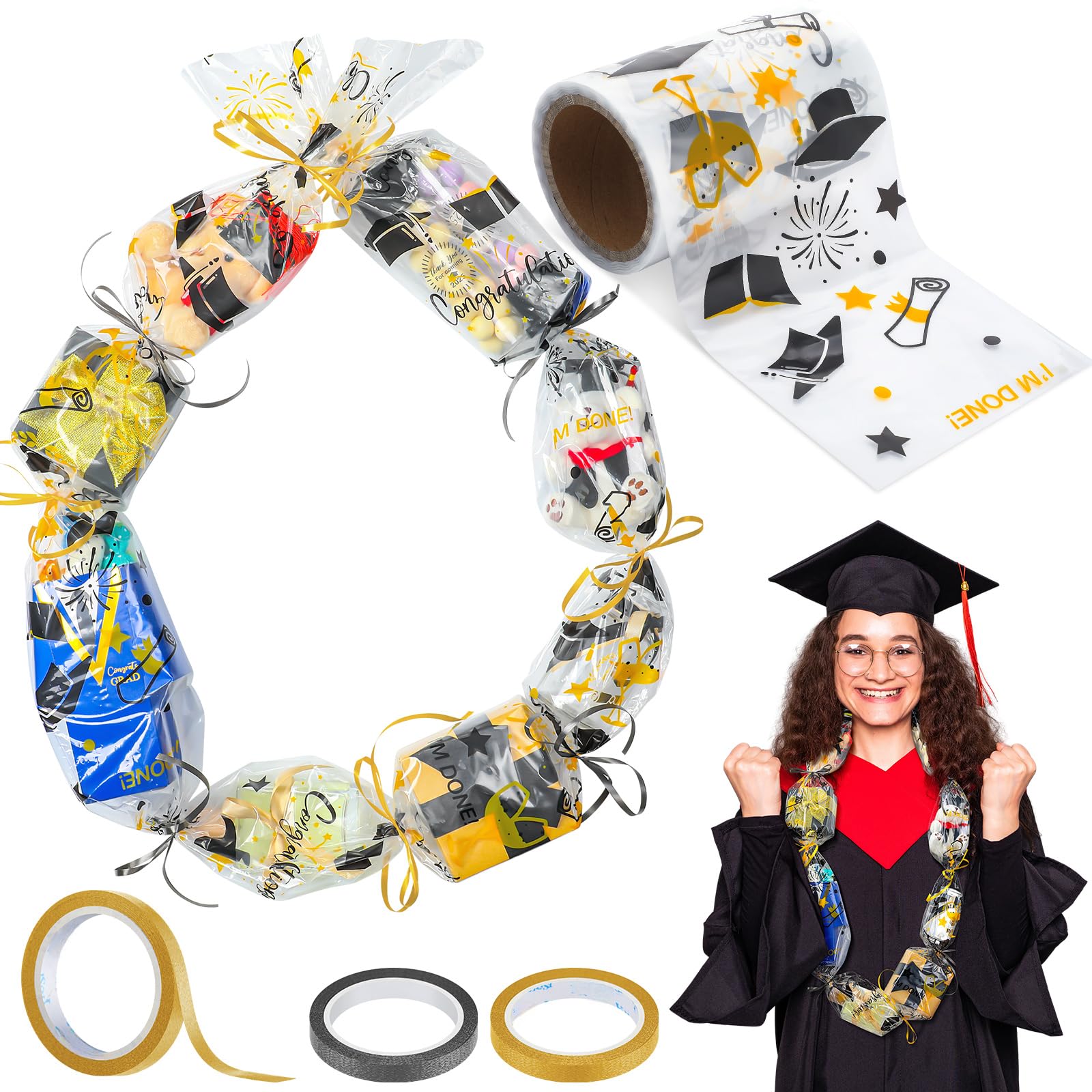 2025 Graduation Candy Lei Making Kit - Green, Gold, Black Supplies With Tubing, Ribbon, Flowers - View #7