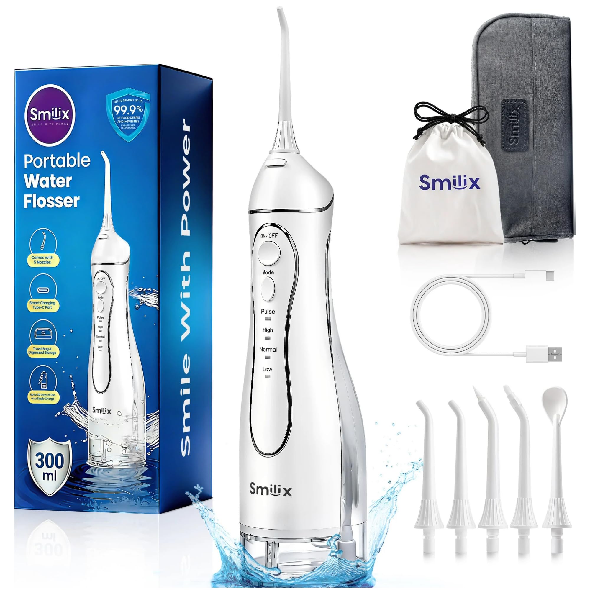 Idropulsore senza fili per la pulizia dei denti e le parentesi graffe, filo interdentale portatile 300 ml, ricarica rapida USB-C, impermeabile IPX7, 4 modalità di pulizia, 5 punte, custodia da viaggio