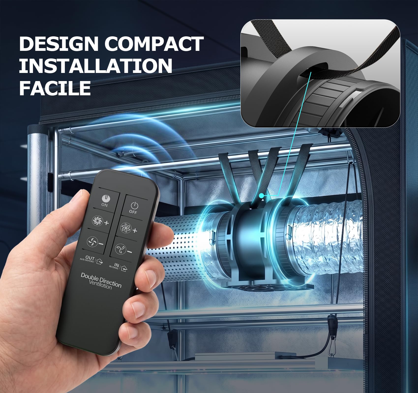 Ventilateur de Conduit Bidirectionnel, 6 Vitesses, Télécommande – Silencieux avec Protection Contre la Surchauffe, VMC Salle de Bain WC Serre Tente, Extracteur d'Air 100mm (avec Support)