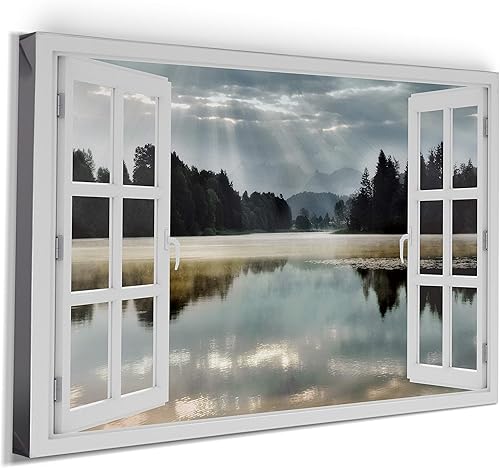 Miniatura 2 de Renditions Gallery Luz a través de las nubes - Arte de pared con ventana abierta, arte relajante, brillante y colorido, decoración en lienzo de alta