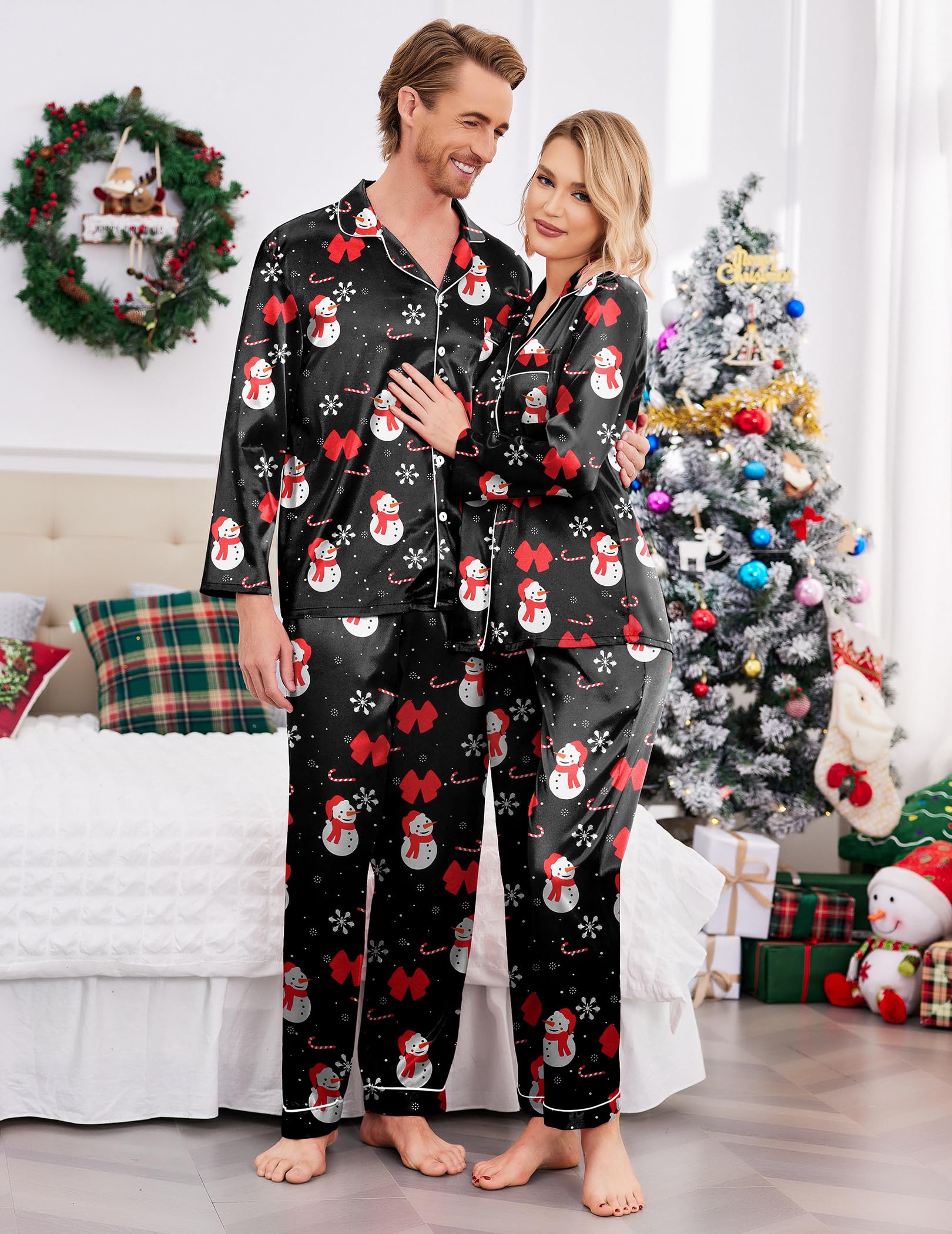 Ekouaer Pijamas a juego para parejas, de seda, de manga larga, de satén, suave, con botones, tallas S-XXL, Navidad, negro, Small