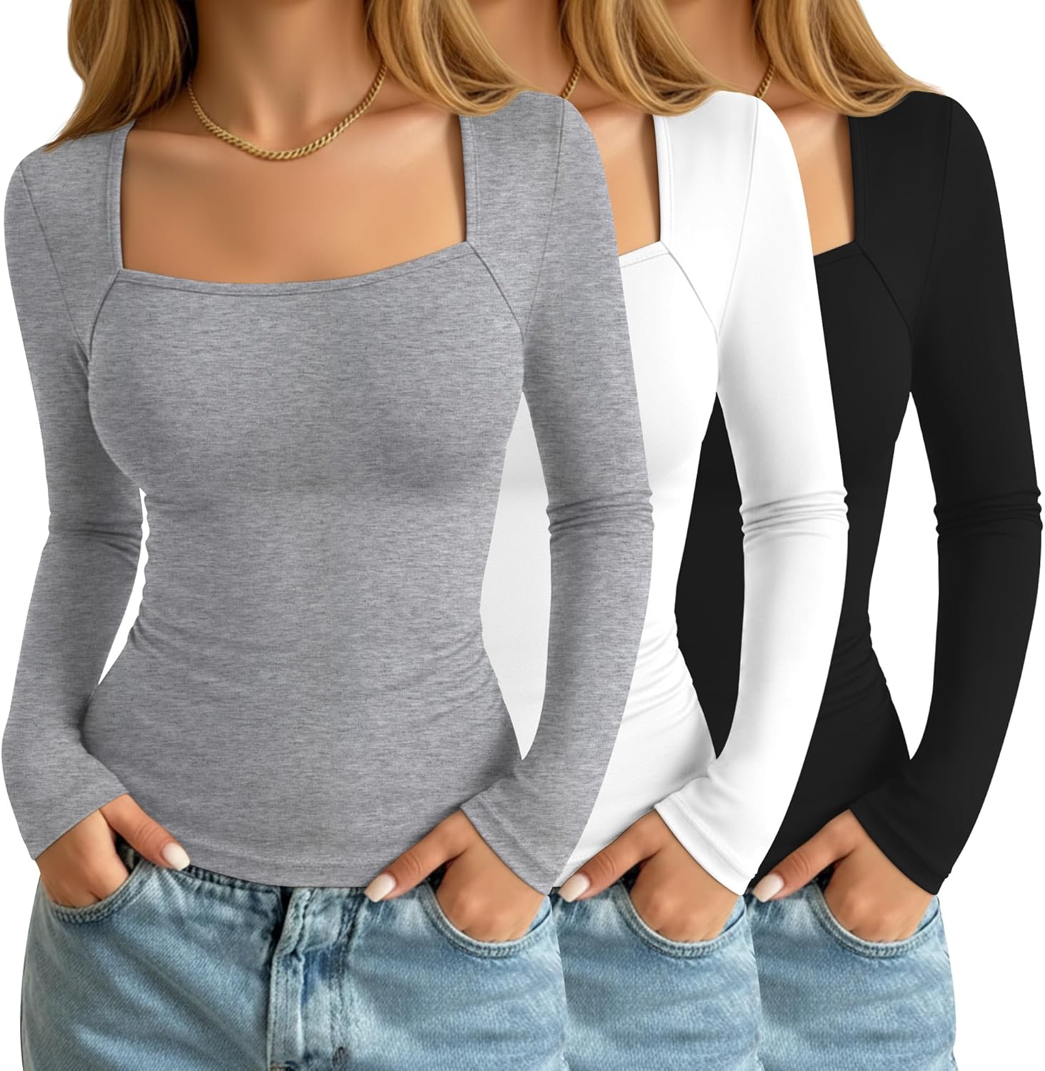 Velvelhall 3 Pack Women's Square Neck Long Sleeve Tops, Double Lined Slim Fit Shirts Basic Trendy Going Out T Shirts