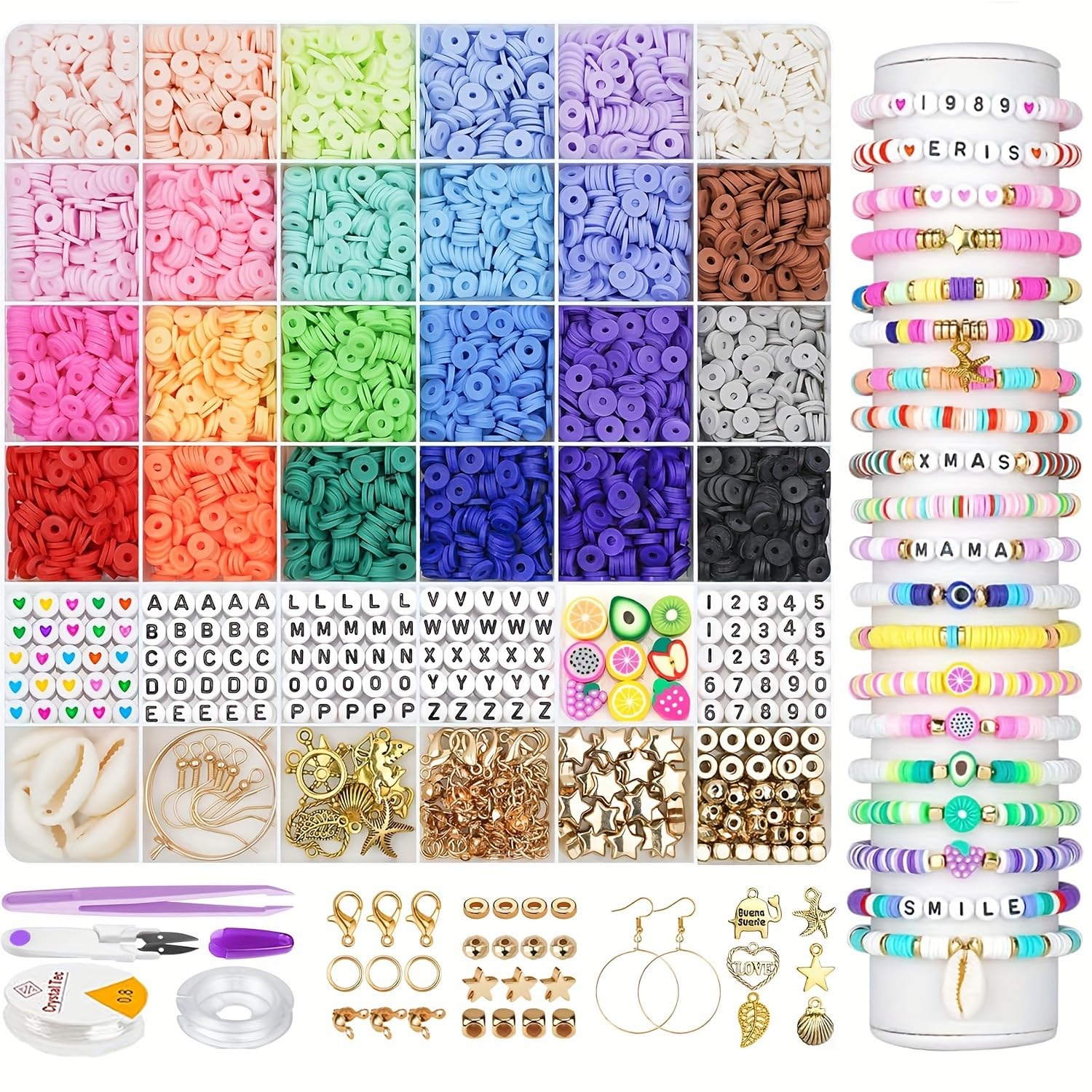Qisino Women's Classic 24 Colors 6000Pcs Clay Beads Bracelet Making Kit, Friendship Bracelet Kits Preppy Heishi Beads For Jewellery Making, Flat Polymer Clay Beads With Charms For Teen Girls Arts And Crafts Gifts