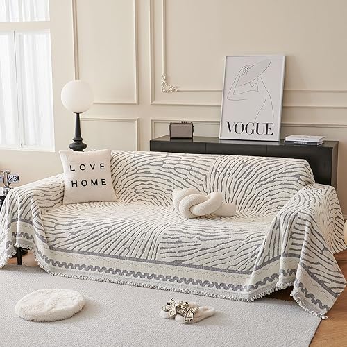 Miniatura 8 de ROOMLIFE Funda de sofá gruesa a rayas con borlas, manta de funda de sofá de felpilla azul para sofá seccional, fundas de sofá suaves para sofá