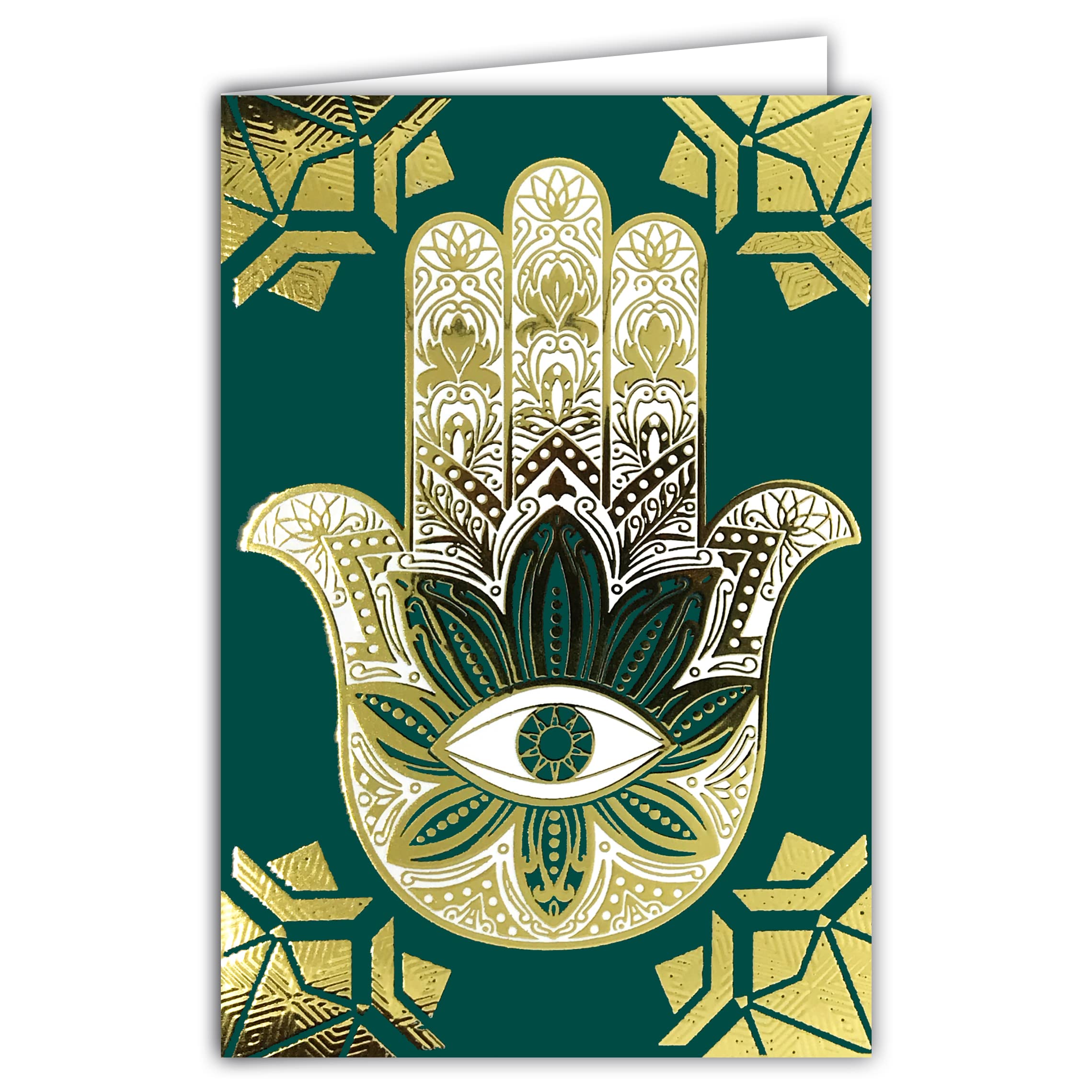 AFIE 68-3003 Lucky Charm Card Hand of Fatima Hamsa Khomsa Gold Shiny Gold Emerald Green Symbol Amulet Protection Amulet Protection Against the Evil Eye Home Decoration Frame with Envelope