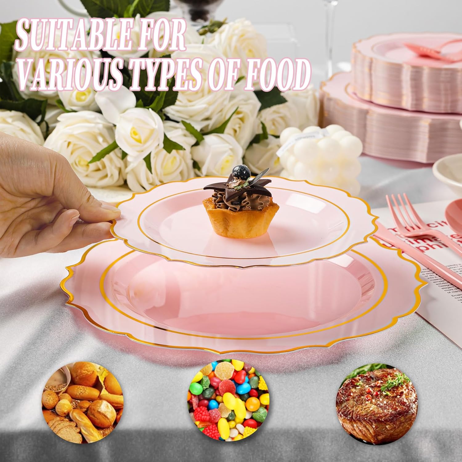 120PCS Pink Plastic Plates, Disposable Elegant Party Plate with Gold Rim, Heavy Duty 60 Dinner and 60 Dessert Fancy Plates for Party and Wedding - Image 6