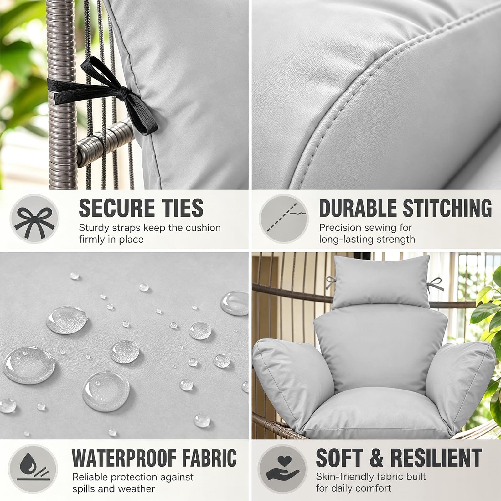 Cuscino per poltrona sospesa per esterni, impermeabile, per giardino, terrazza, grigio chiaro
